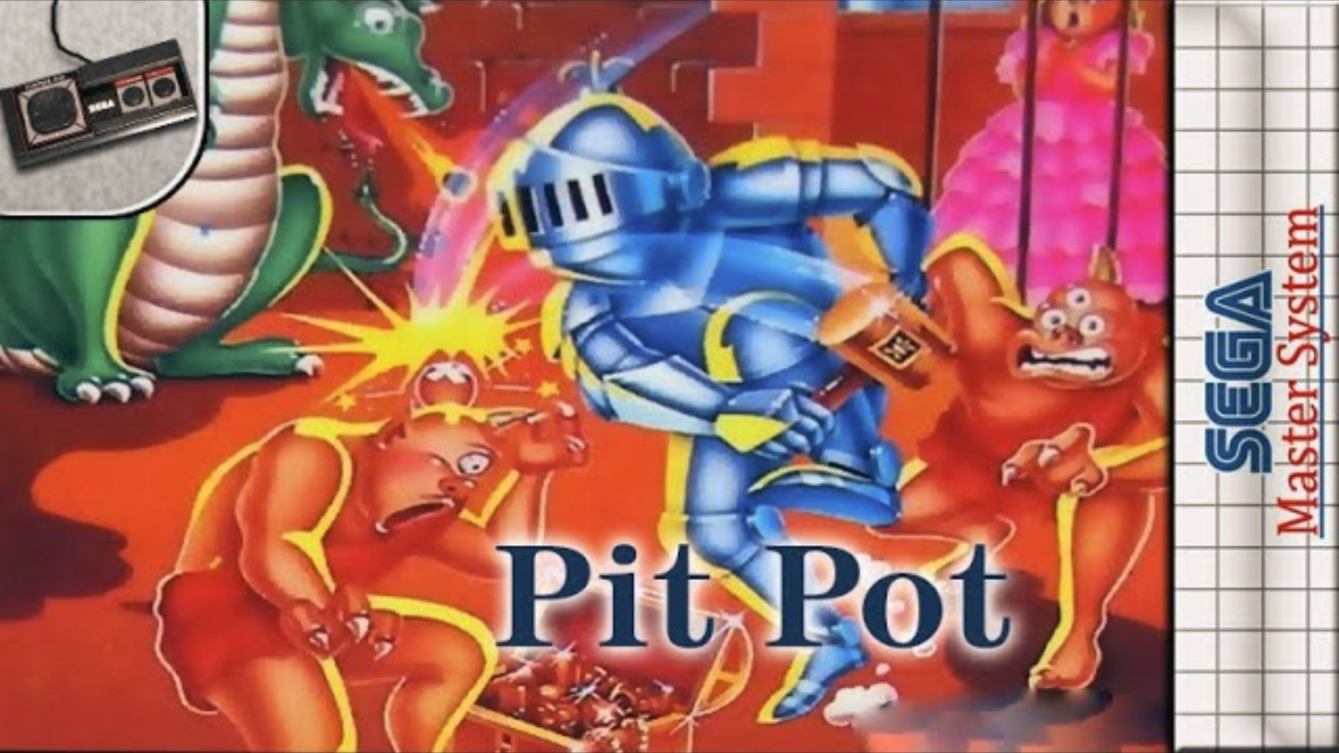 Blue knight battles monsters to save princess, Pit Pot Master System cover with SEGA grid art style
