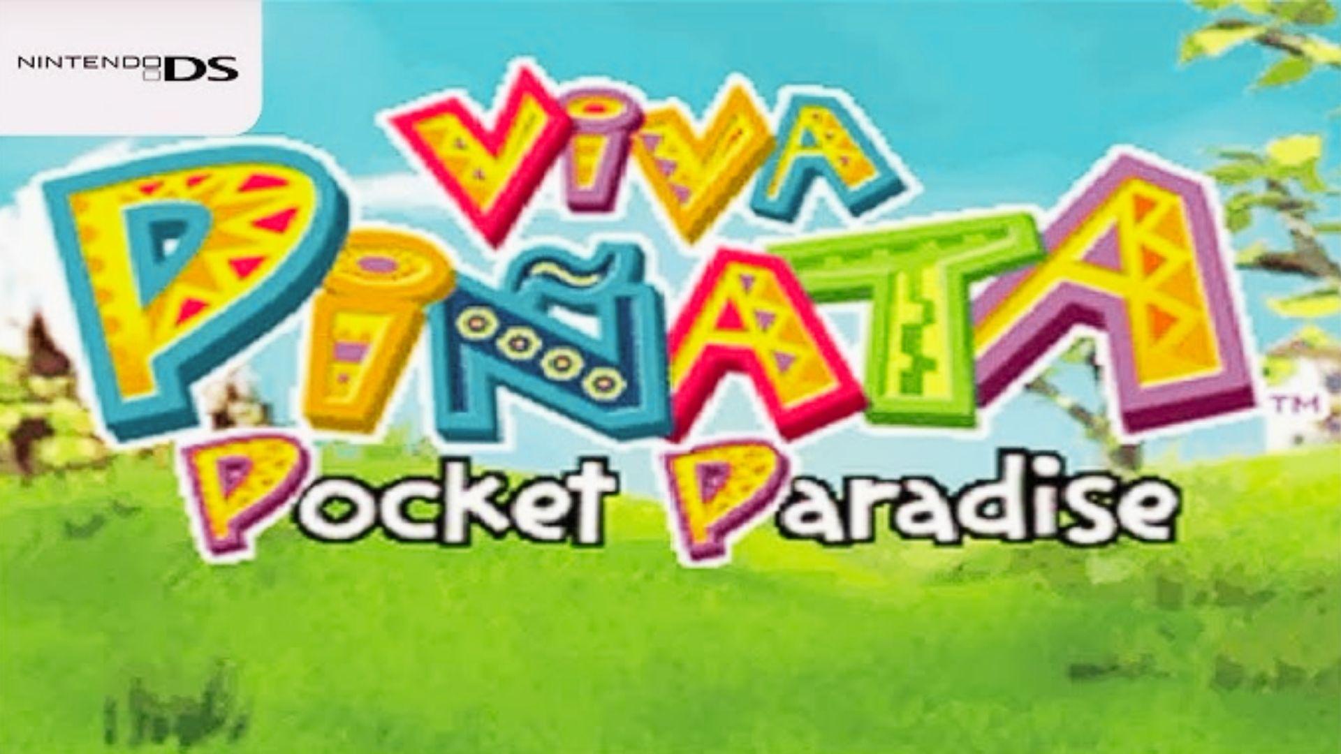 Viva Piñata Pocket Paradise logo with colorful patterned text, grassy field, tree, Nintendo DS branding, bright sky