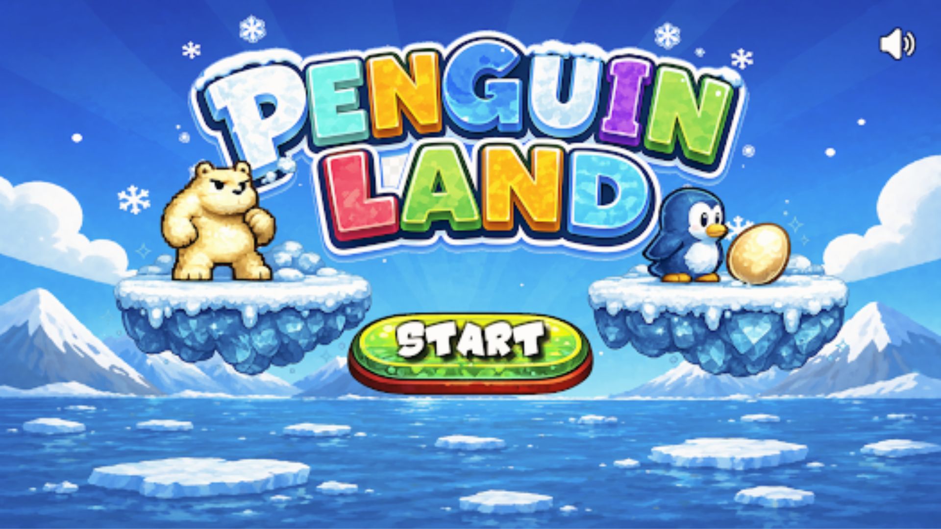 Penguin guards egg on icy platform facing bear, Penguin Land Master System puzzle start screen fun