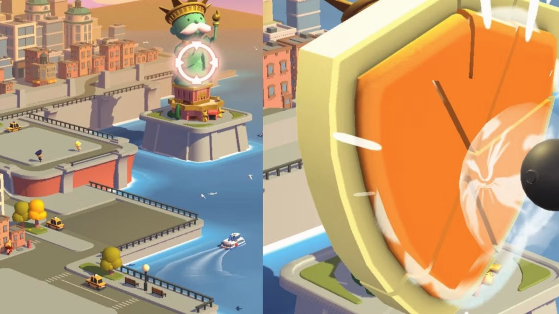 Monopoly Go cityscape with Mr. M statue targeted and orange shield blocking attack to protect landmarks.