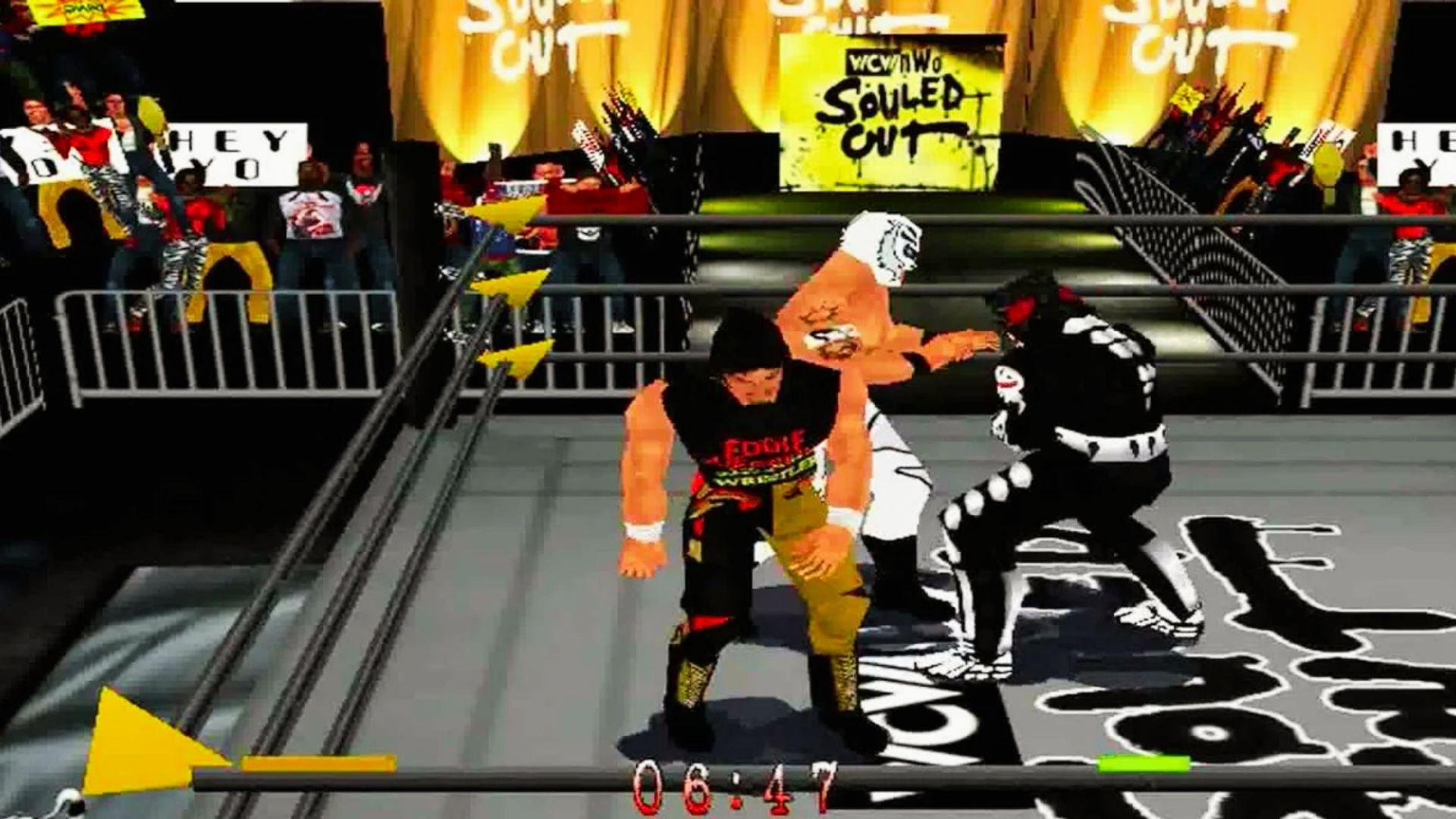 WCW nWo Souled Out gameplay showing Eddie Guerrero and La Parka grappling in ring, crowd signs, timer displayed