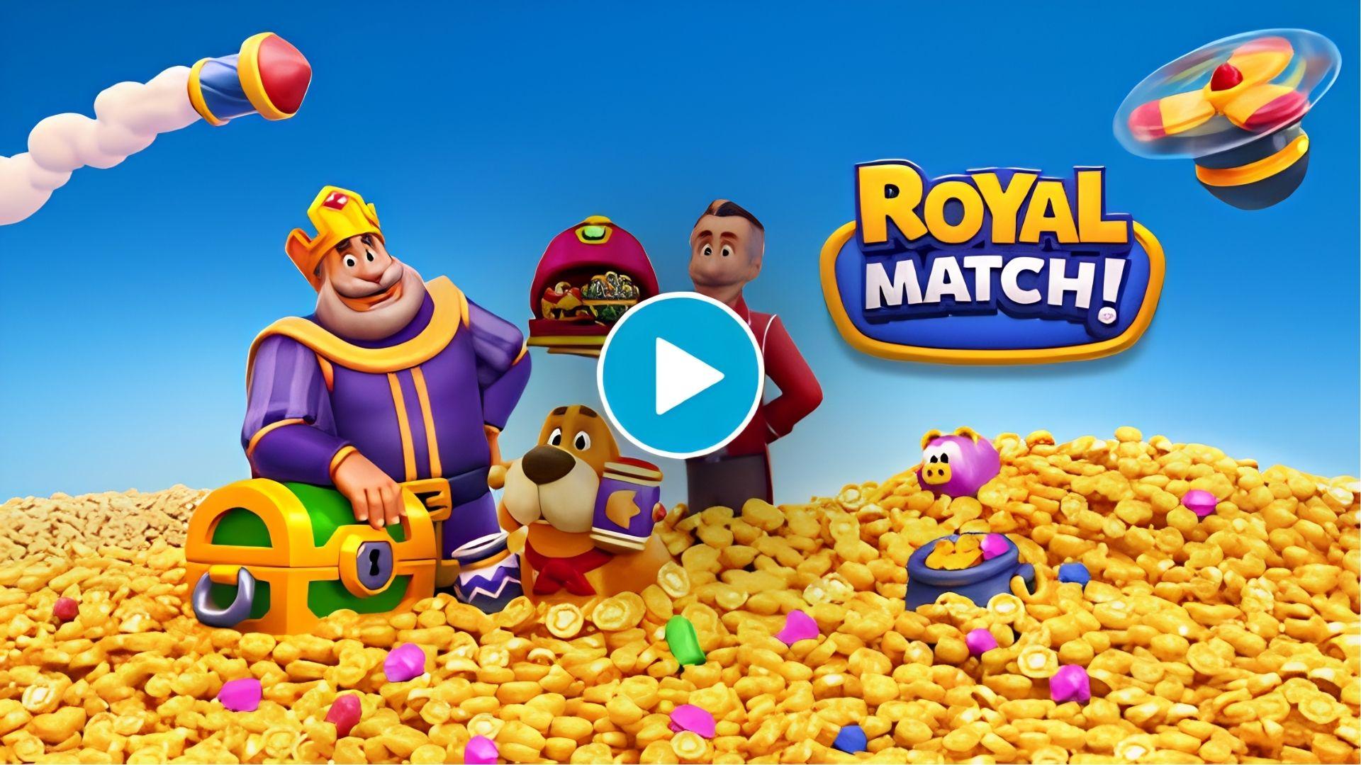 Royal Match king, butler, and dog stand in pile of gold coins with treasure chest, Royal Match logo, and play button