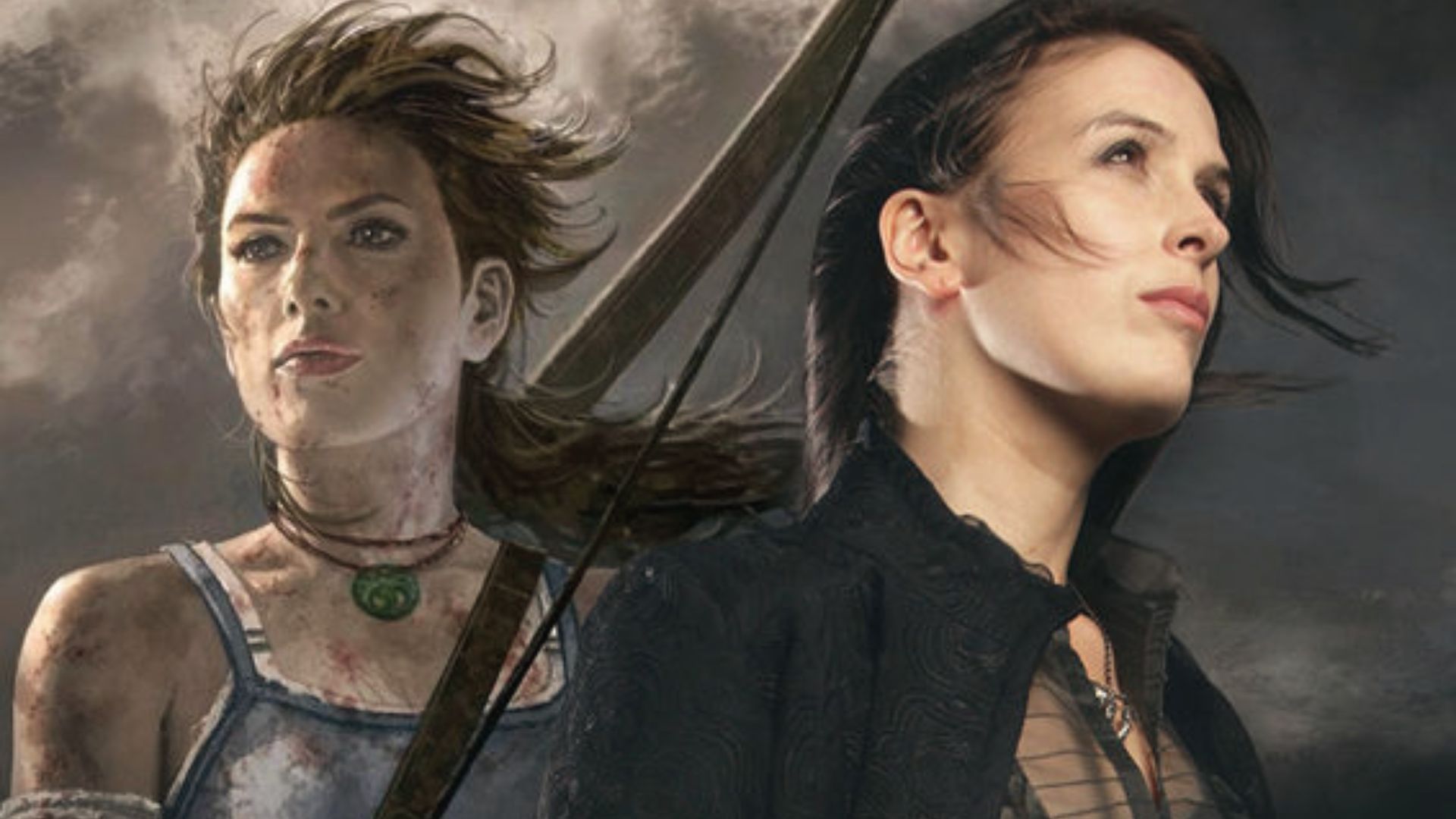Lara Croft bloodied beside ally against stormy sky, bow slung. Rise of the Tomb Raider shows her grit.