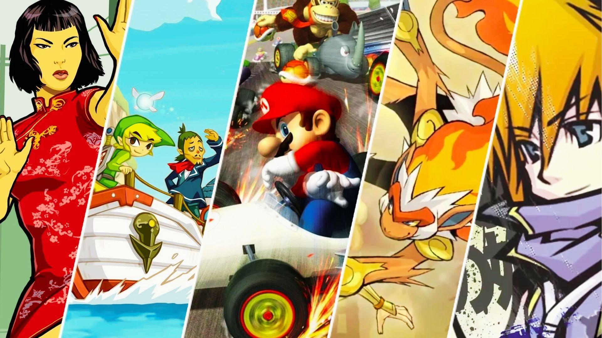 Collage of five game characters including Fatal Frame woman, Wind Waker Link, Mario Kart racers, Infernape Pokémon, TWEWY