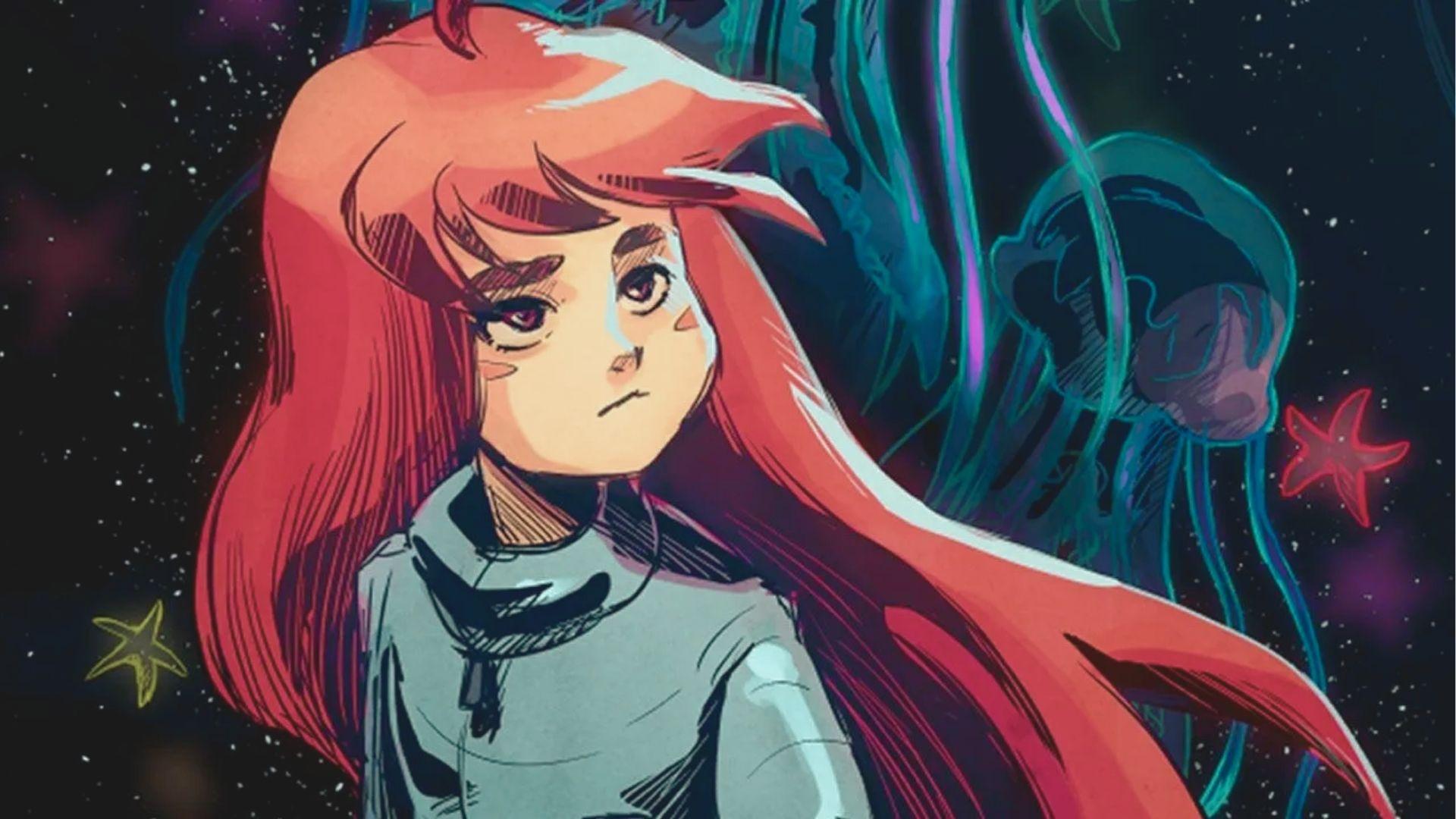 Red-haired protagonist Madeline from Celeste looks determined with glowing jellyfish behind her.