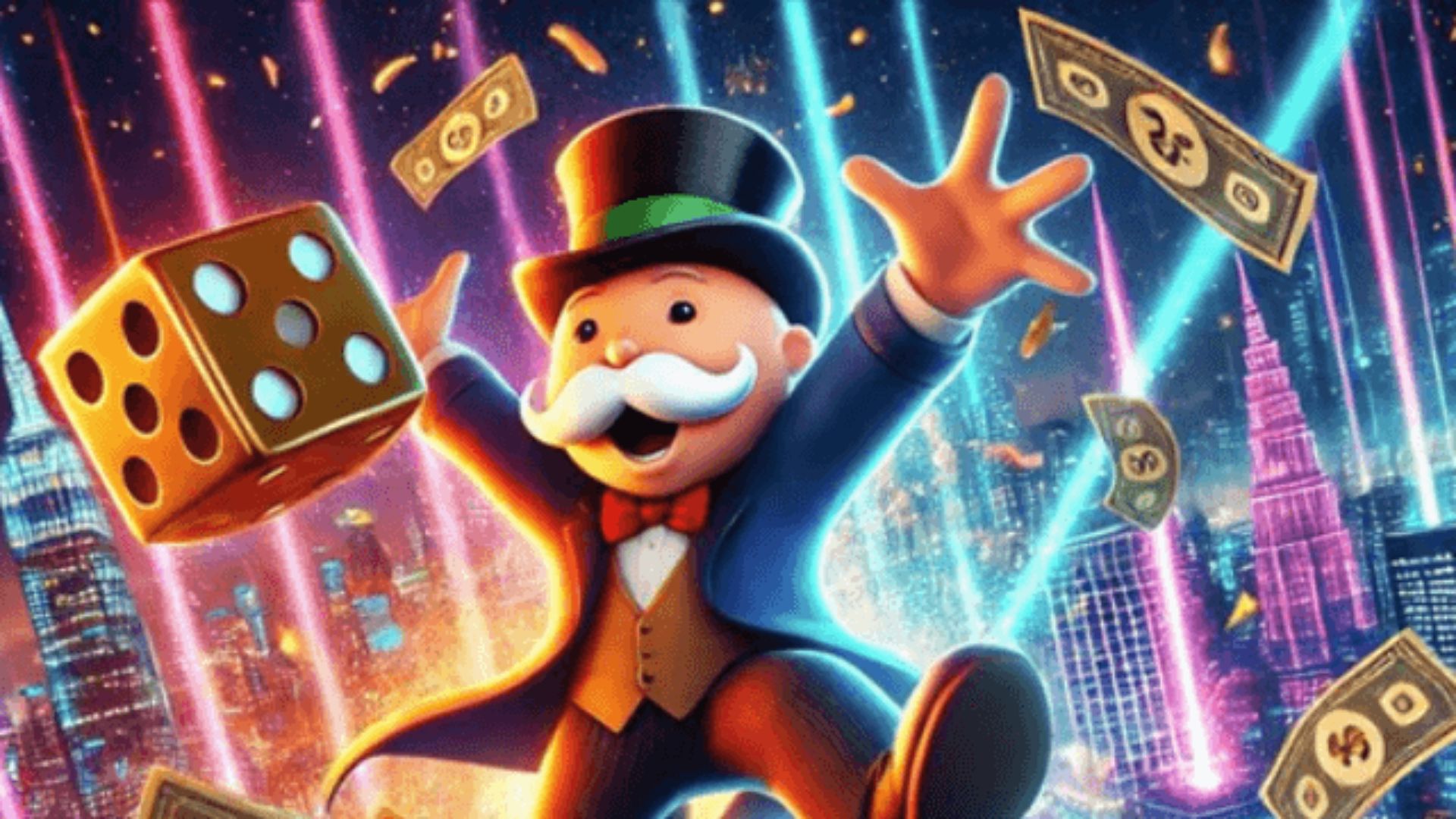 Monopoly Go mascot Mr. M jumps with golden dice and cash in neon city, high reward level art.
