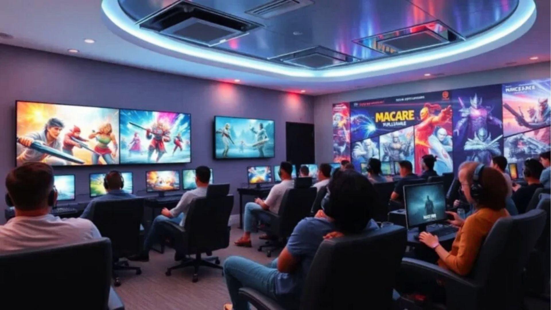 Gamers with headsets playing multiplayer battle games together in modern gaming cafe featured on PlayBattleSquare