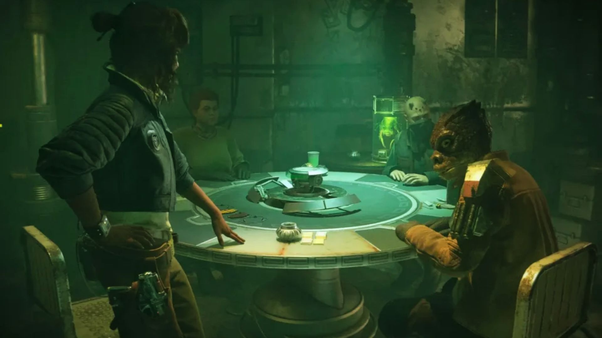"In a dim, green-lit room, four characters, including a humanoid alien, gather around a round table, suggesting a tense, strategic discussion."