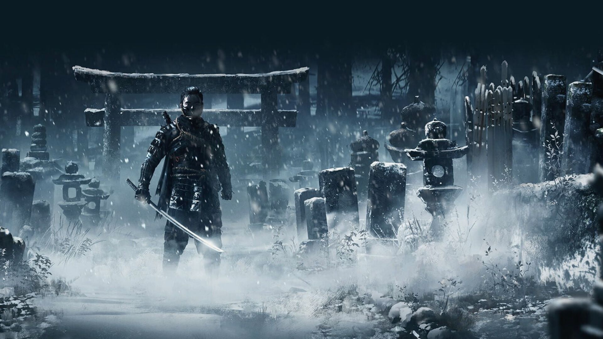 Masked Jin draws his katana in a snowy shrine as Ghost of Tsushima embraces stealth combat.