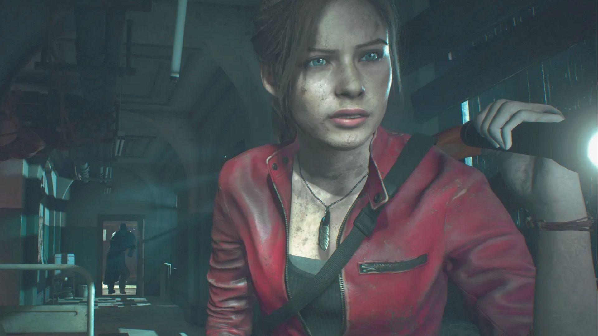 A young woman in a red leather jacket grips a flashlight tightly, her dirt-streaked face tense with fear.