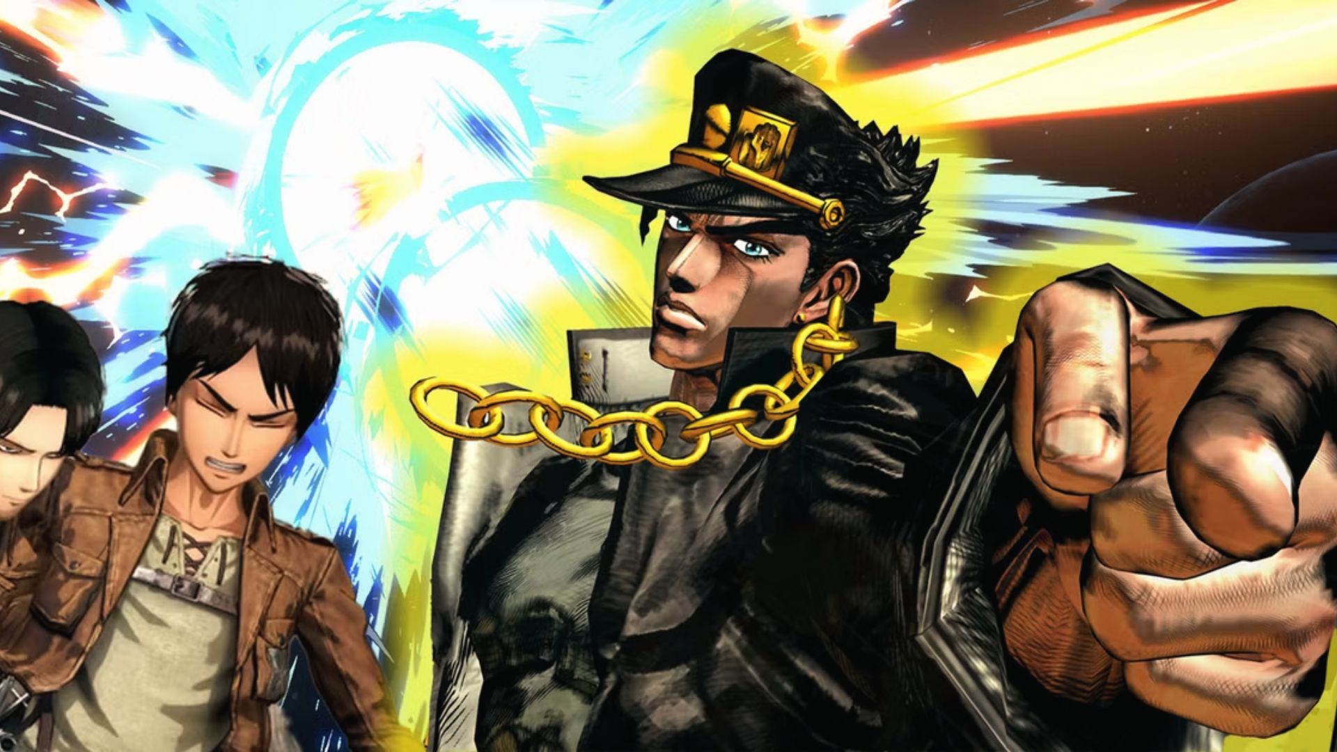 Jotaro from JoJo's Bizarre Adventure All-Star Battle points forward. Attack on Titan heroes beside him.