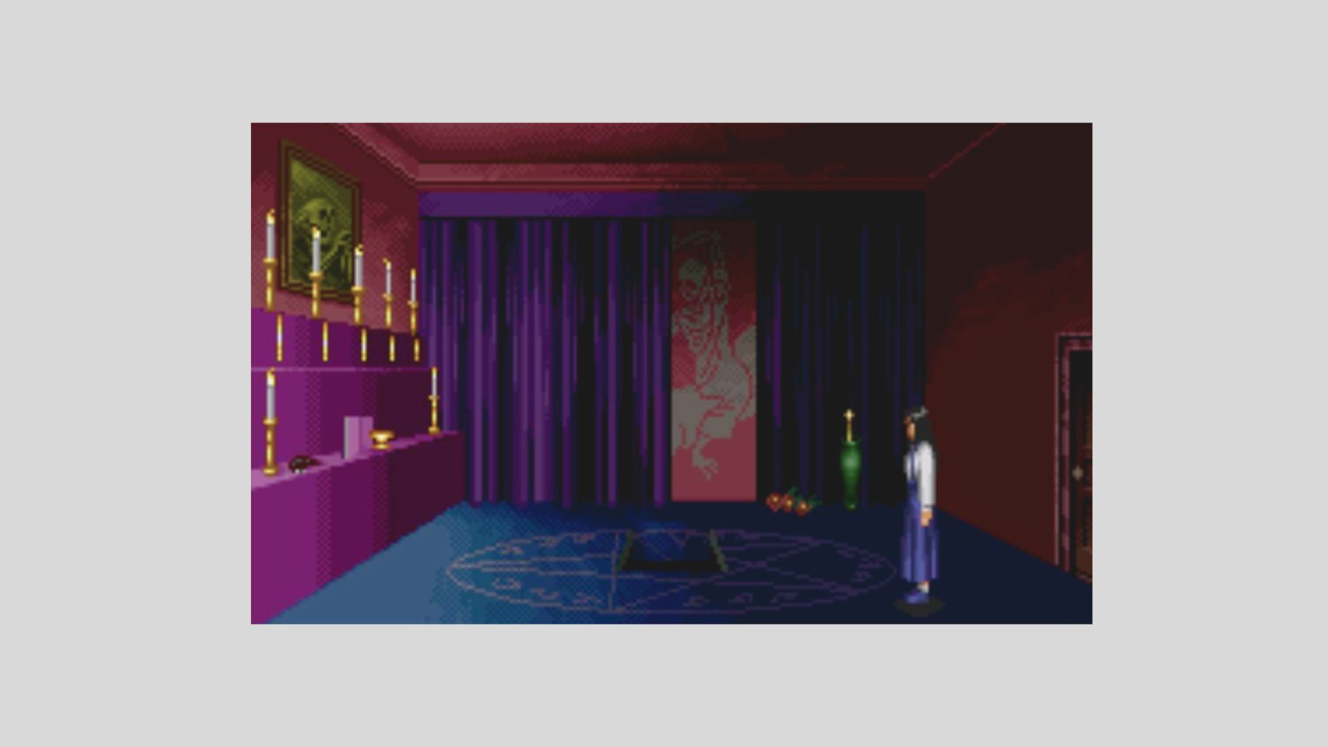 Retro pixel-art scene shows a schoolgirl standing before a pentagram and candles in a purple ritual chamber.