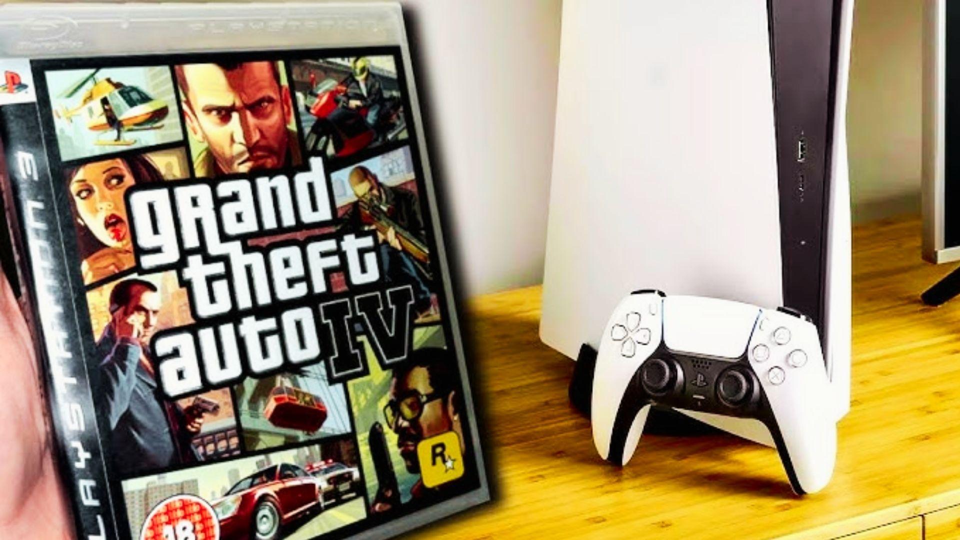 Hand holding Grand Theft Auto IV PS3 game case next to white PlayStation 5 console and DualSense controller