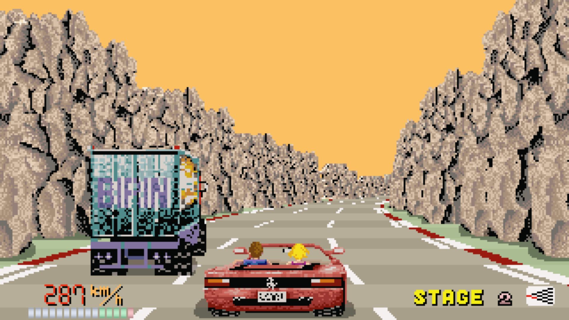 Red convertible chases truck through canyon road, Out Run Master System classic driving arcade hit