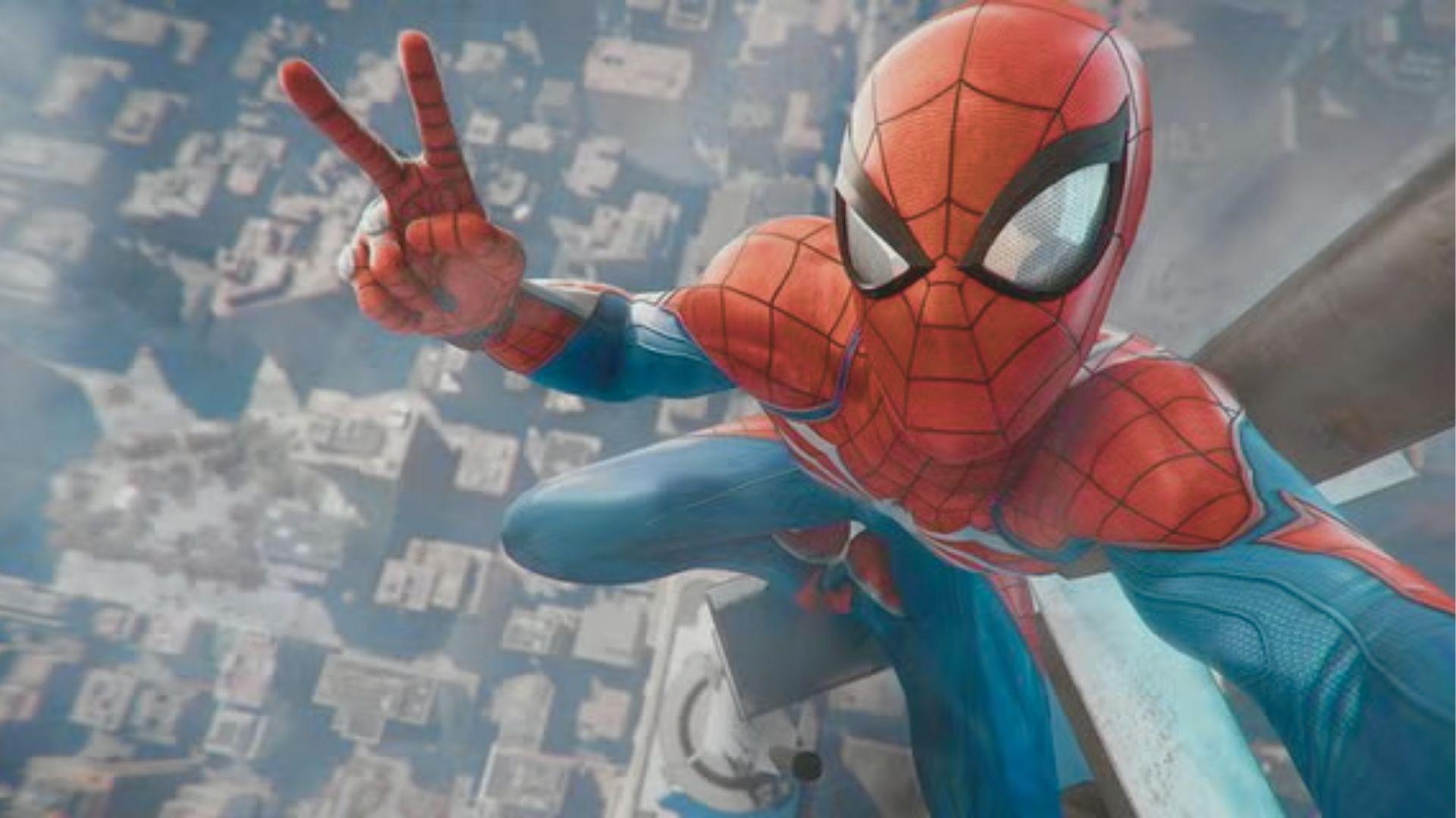 Spider-Man in his classic red and blue suit perches on a skyscraper and flashes a peace sign.