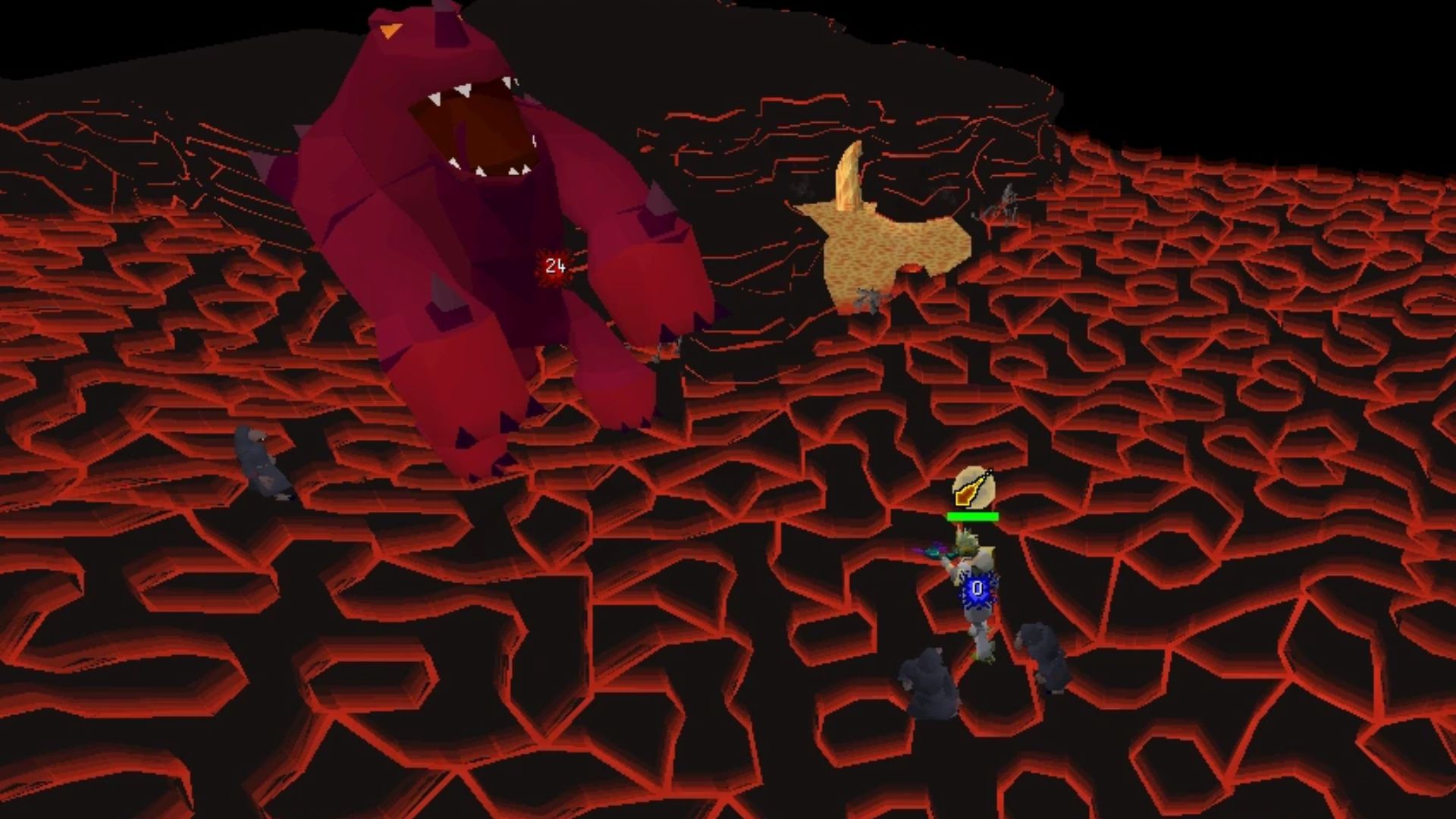 "Old School RuneScape gameplay showing a player fighting the TzKal-Zuk boss in the Inferno. A large red monster stands on cracked lava terrain with a 24 hit splat, while the player character with a green health bar is nearby."