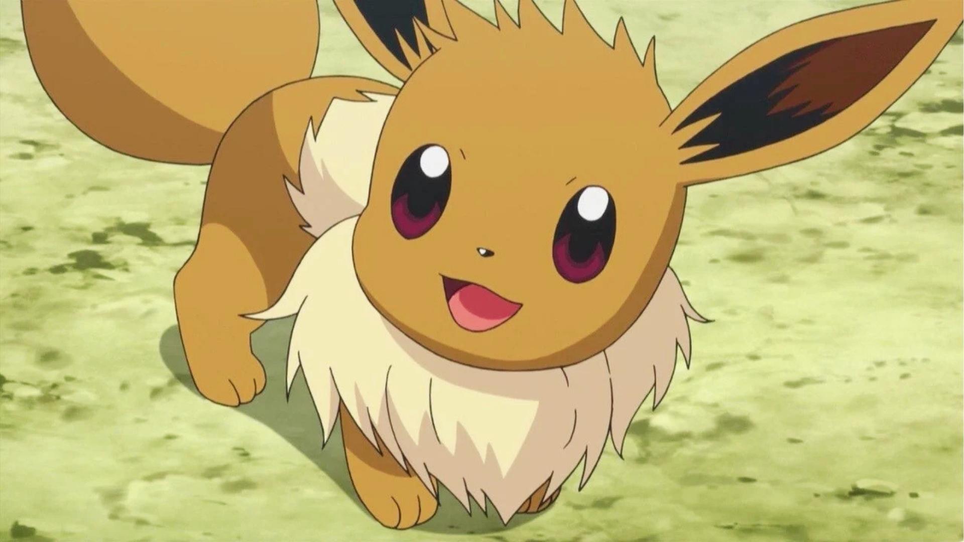 Happy Eevee smiles up at the camera with mouth open on sunlit grassy ground in a bright anime style screenshot from Pokémon.