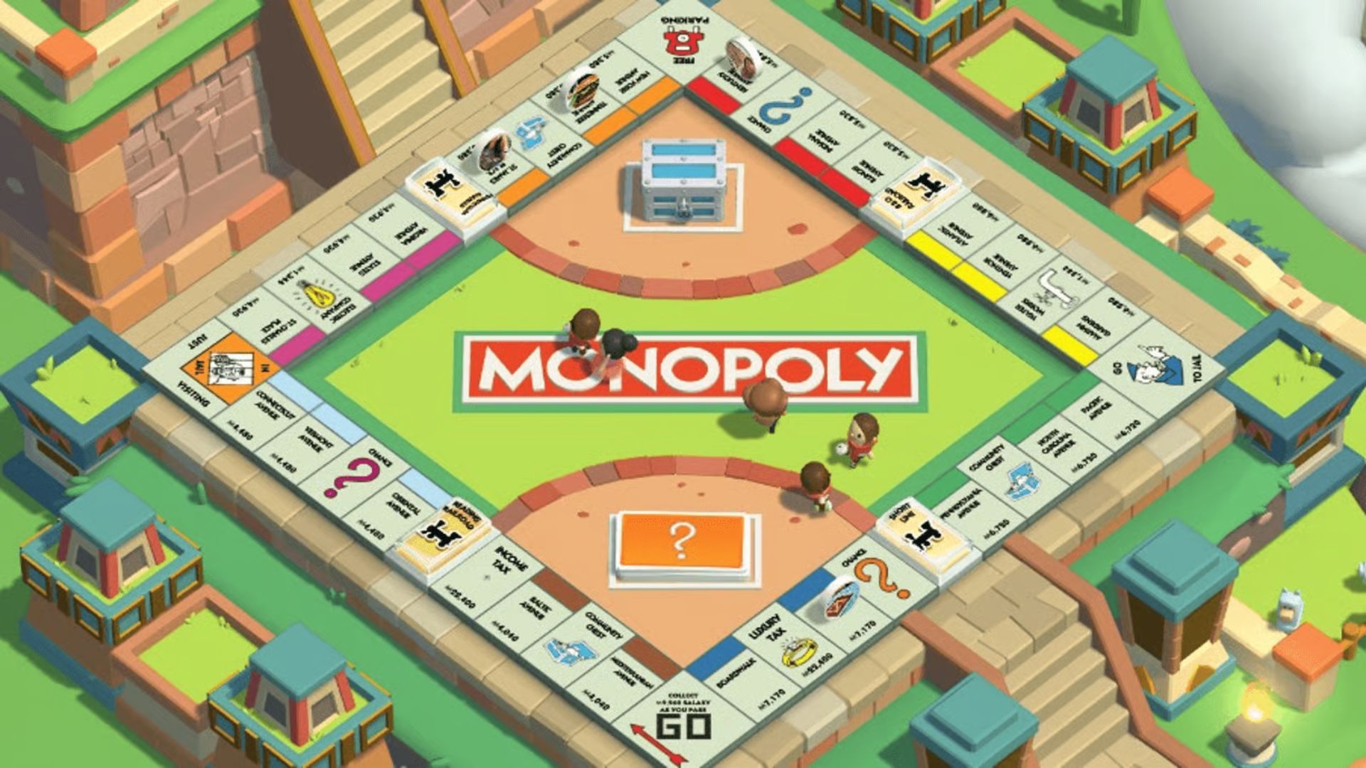 3D Monopoly Go board with colorful properties and players around the center logo, showing early levels.