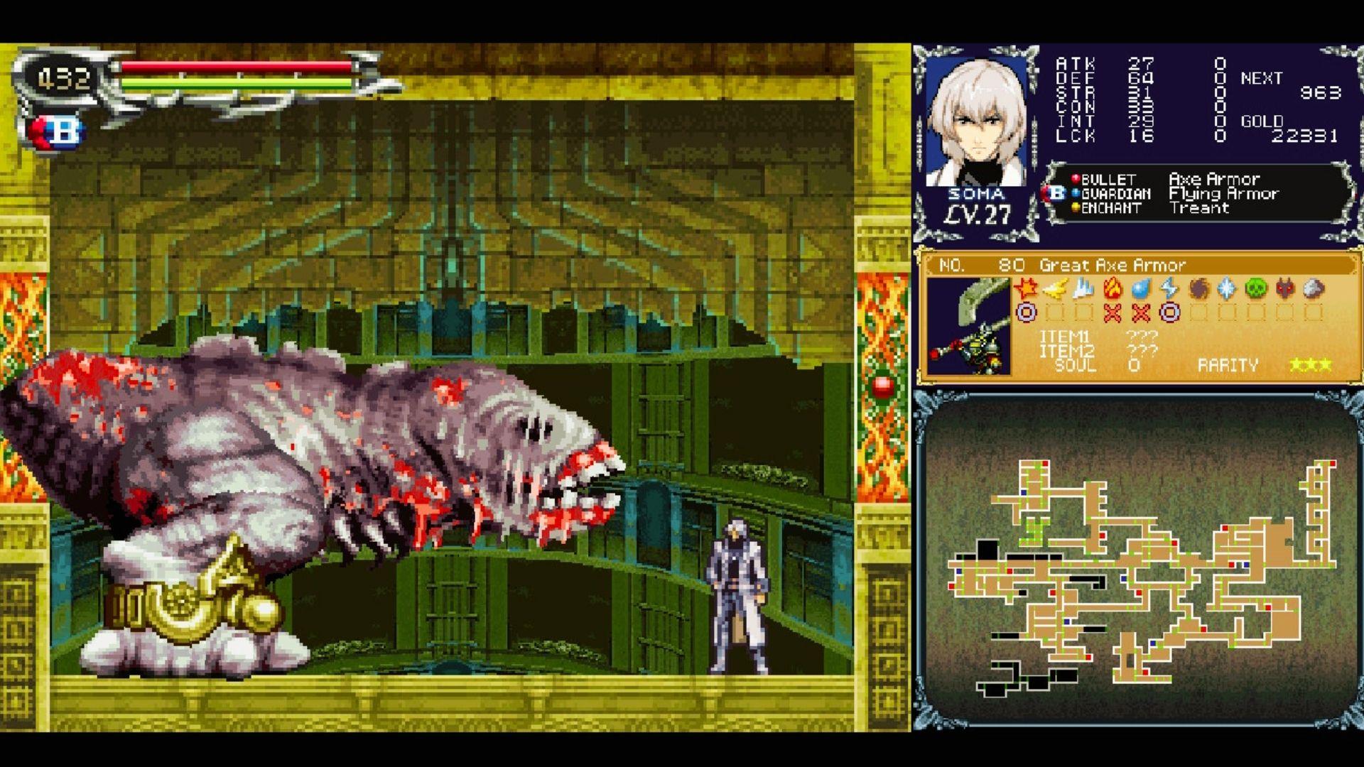 Castlevania Dawn of Sorrow gameplay showing Soma fighting giant worm boss, stats menu, map, health bar