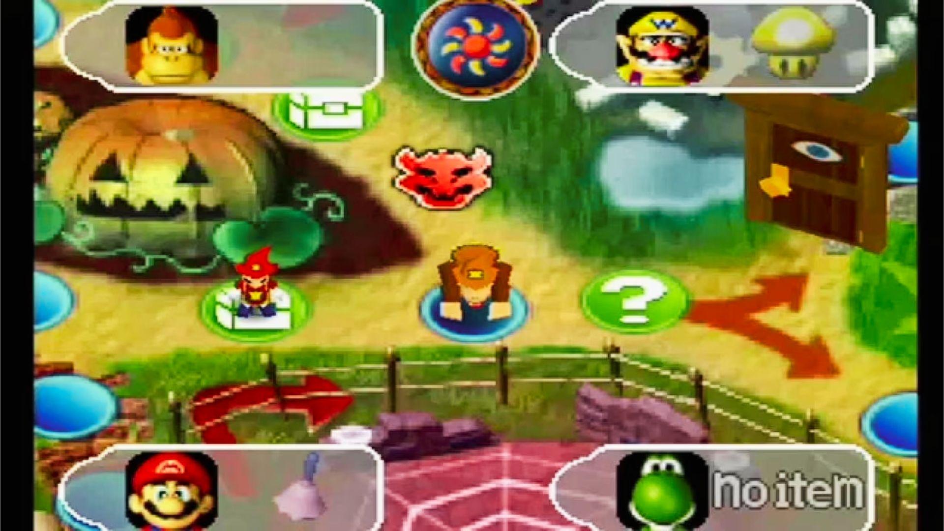 Mario Party 3 board gameplay with jack-o-lantern, red arrows, question space, Mario, Yoshi, Donkey Kong, Wario shown