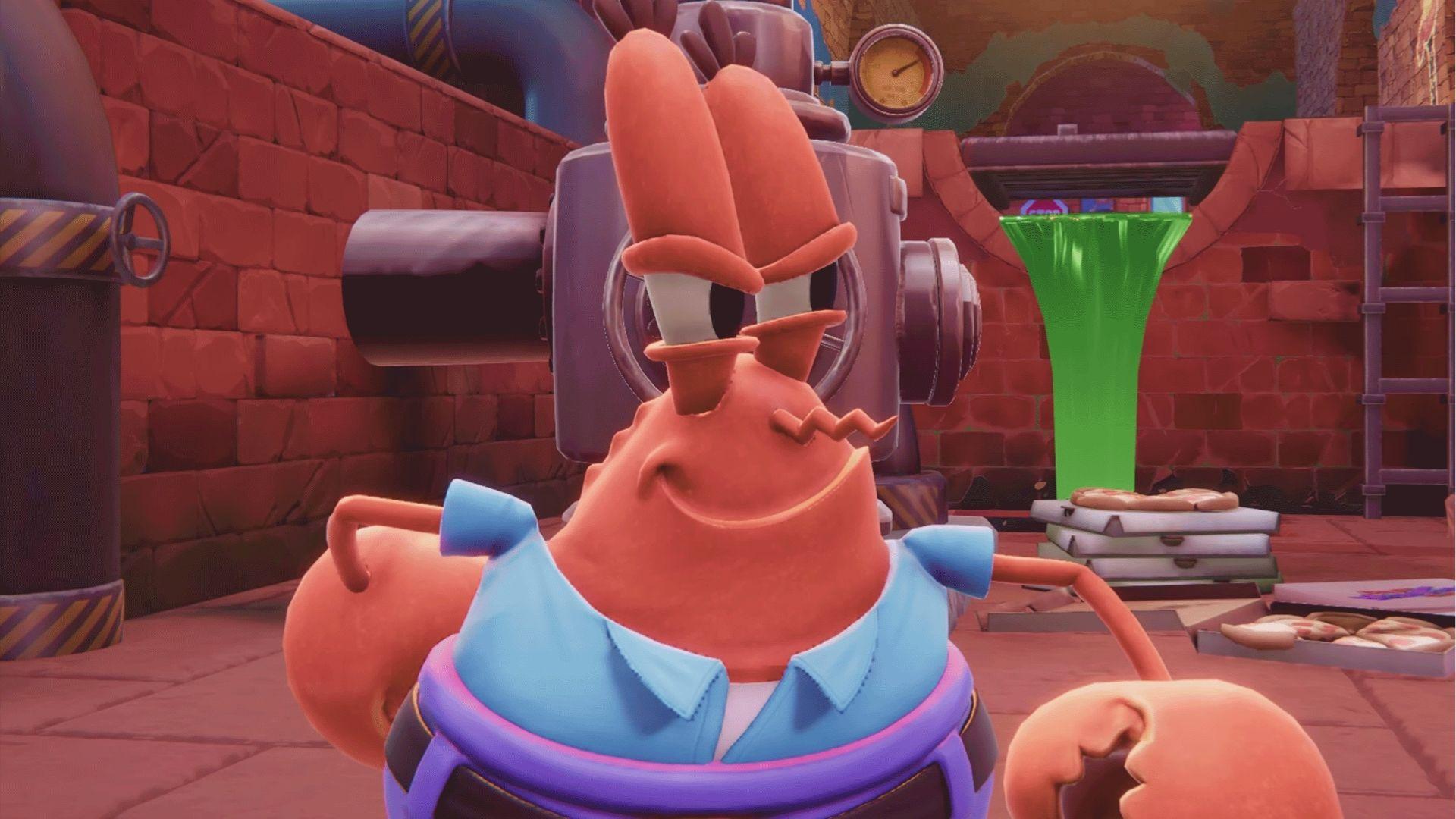 Red crab Mr. Krabs from SpongeBob scowls with heavy eyebrows in a brick industrial room.