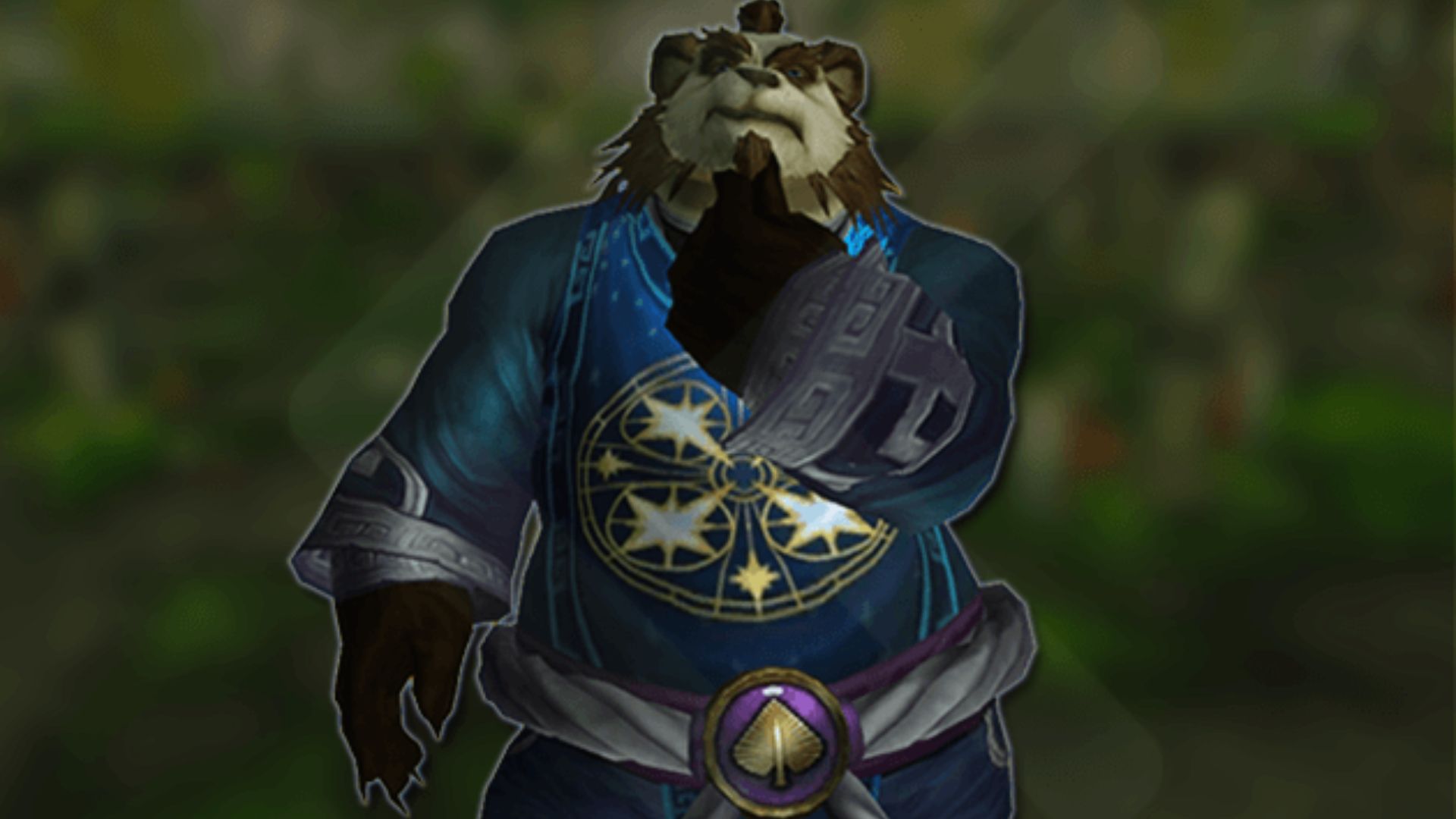 "World of Warcraft portrait of a pandaren in blue celestial robes with one hand to his chest.”