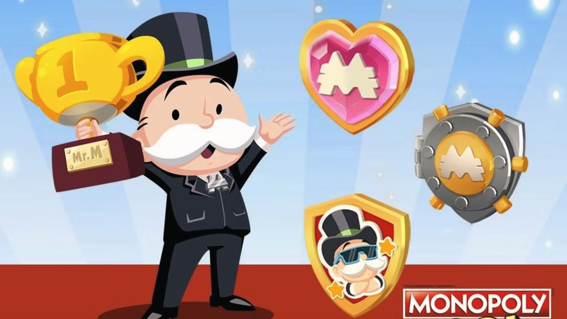 Mr. M holding a trophy with heart, vault, and sunglasses shields displayed as unlockable shield rewards.