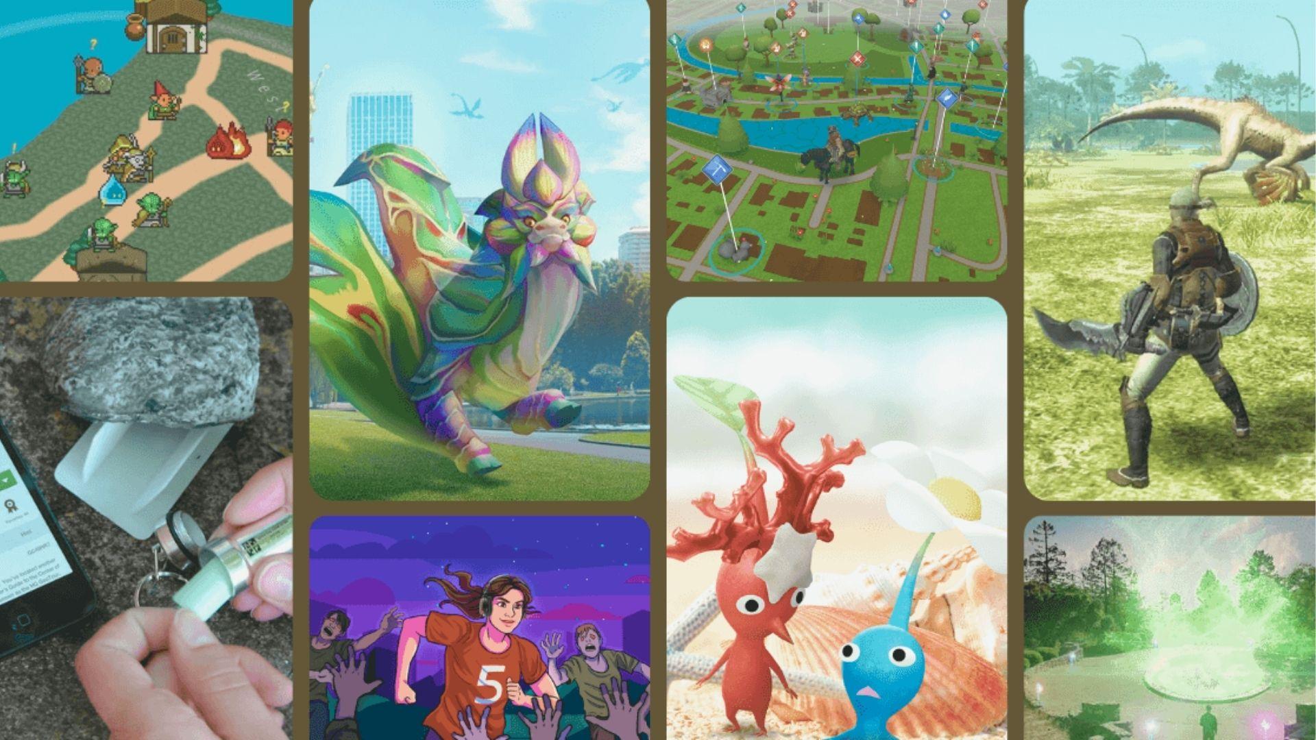 Collage of Pokemon-like mobile games including pixel RPGs, AR maps, and real-world creature hunts.