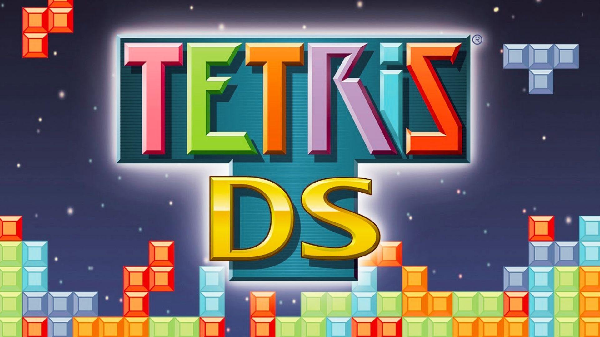 Tetris DS logo with colorful falling tetromino blocks, starry space background, glowing multicolor title text effect