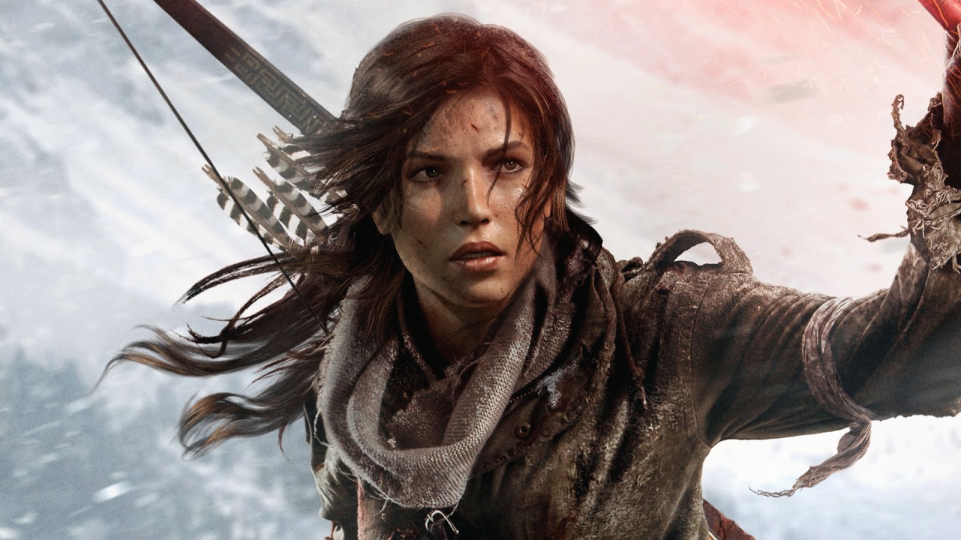 Lara climbs an icy cliff with a bow, snow whipping. Rise of the Tomb Raider tests survival in harsh peaks.