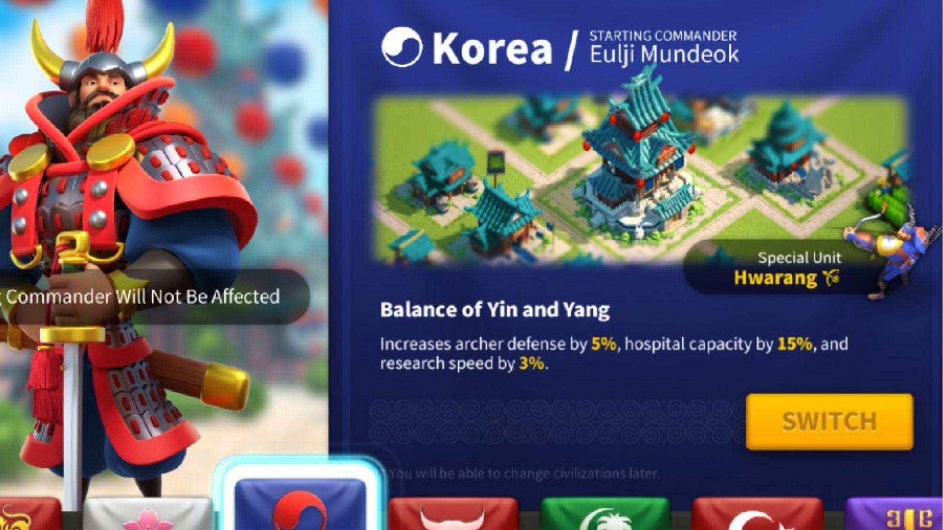 Rise of Kingdoms Korea civilization with Eulji Mundeok commander, Hwarang archer special unit, and Balance of Yin Yang buffs