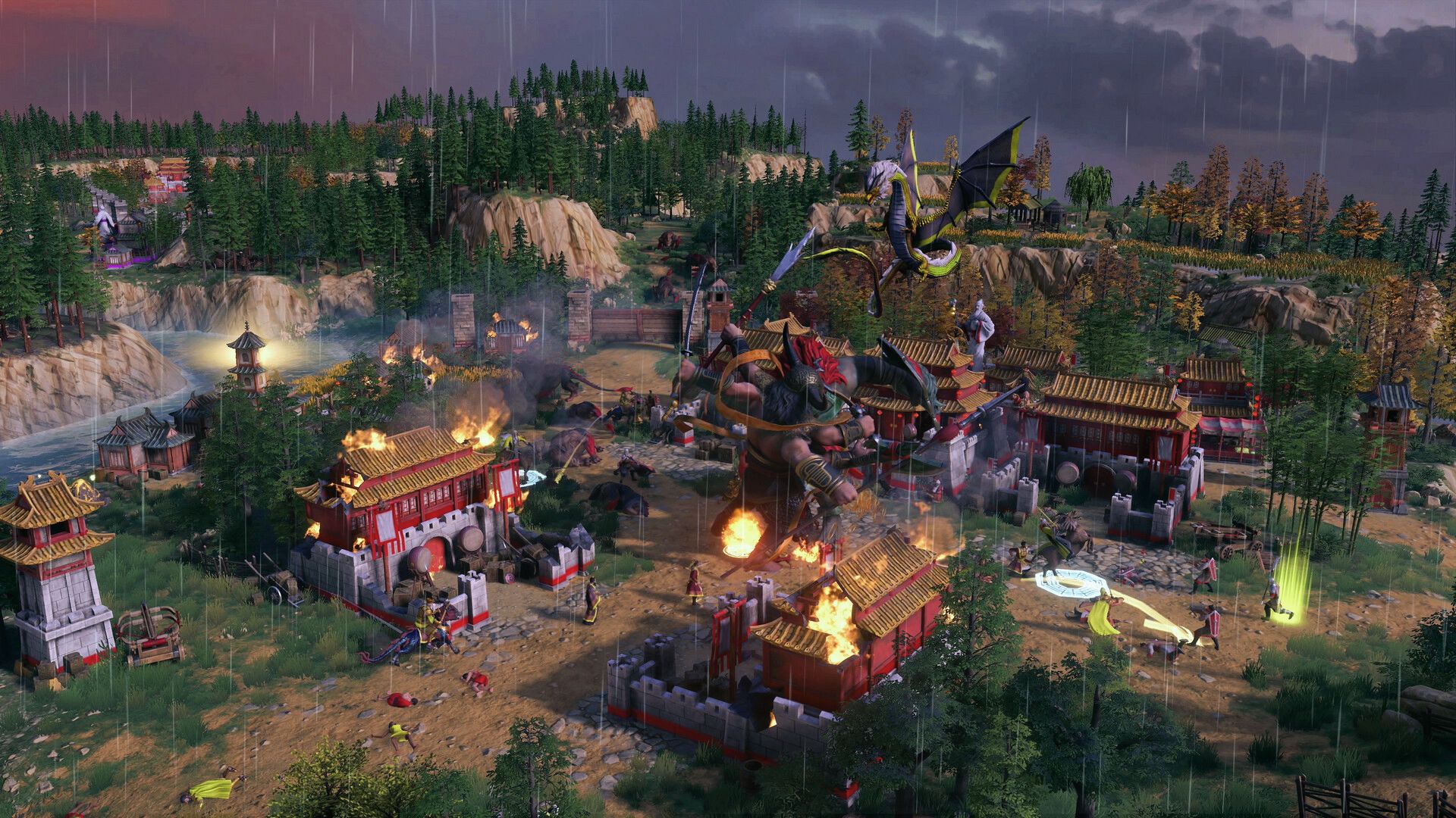 Chiyou and dragons attack a burning Chinese city as buildings collapse under rain in gameplay.