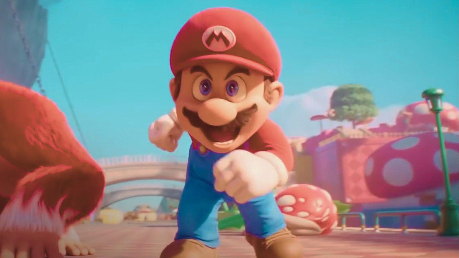 Mario in his iconic red hat and shirt sprints forward with a determined smile in the Mushroom Kingdom.