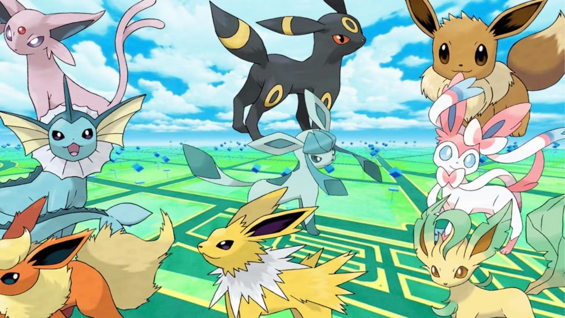 Group art of all 8 Eeveelutions plus Eevee posed together over Pokémon GO map background with blue sky and grid terrain.