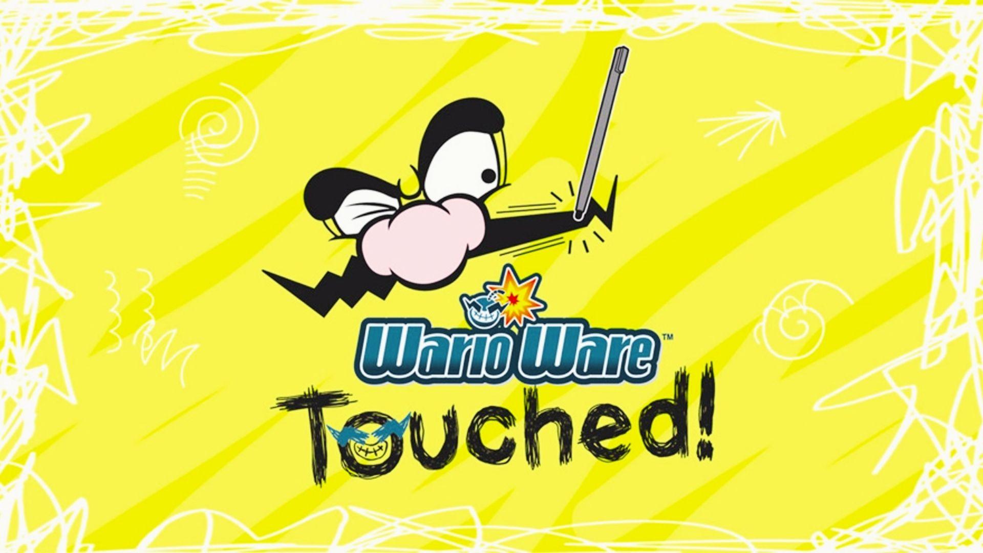 Wario Ware Touched logo with cartoon Wario nose and stylus on bright yellow background, scribbled white border lines