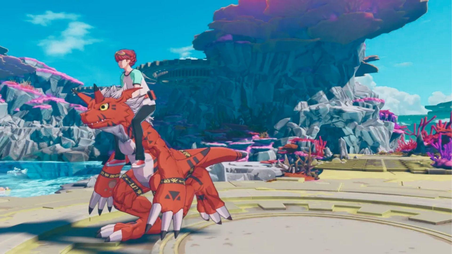 A trainer rides a red dinosaur-like Digimon through a vibrant, alien landscape with coral cliffs.