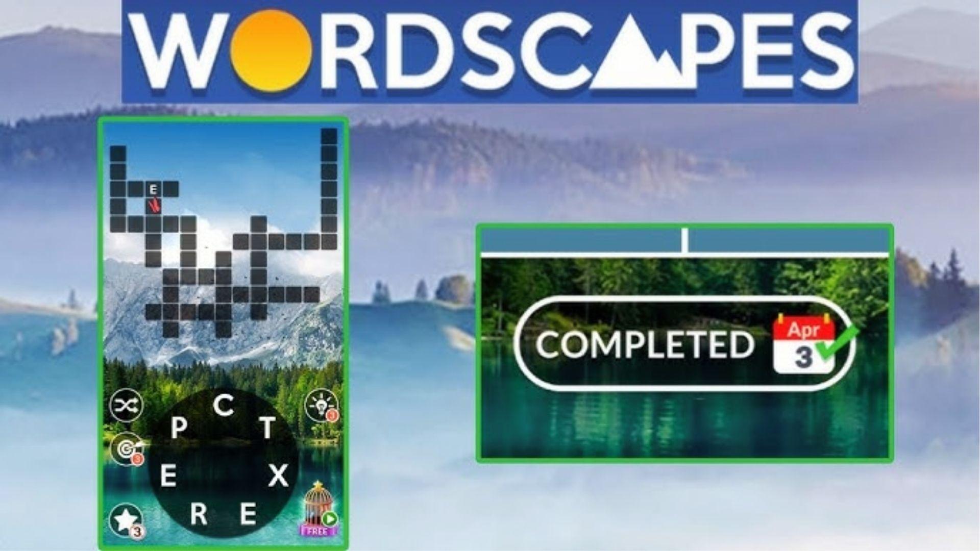 Wordscapes daily puzzle gameplay with letter wheel and crossword grid completed on April 3 with lake background