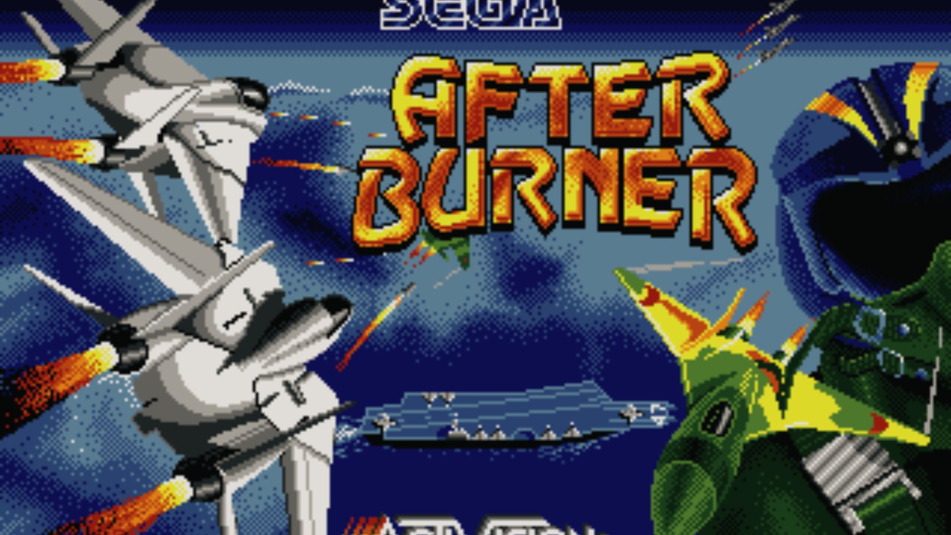 Jets dogfight over ocean carrier with missiles blazing, After Burner Master System arcade port thrill
