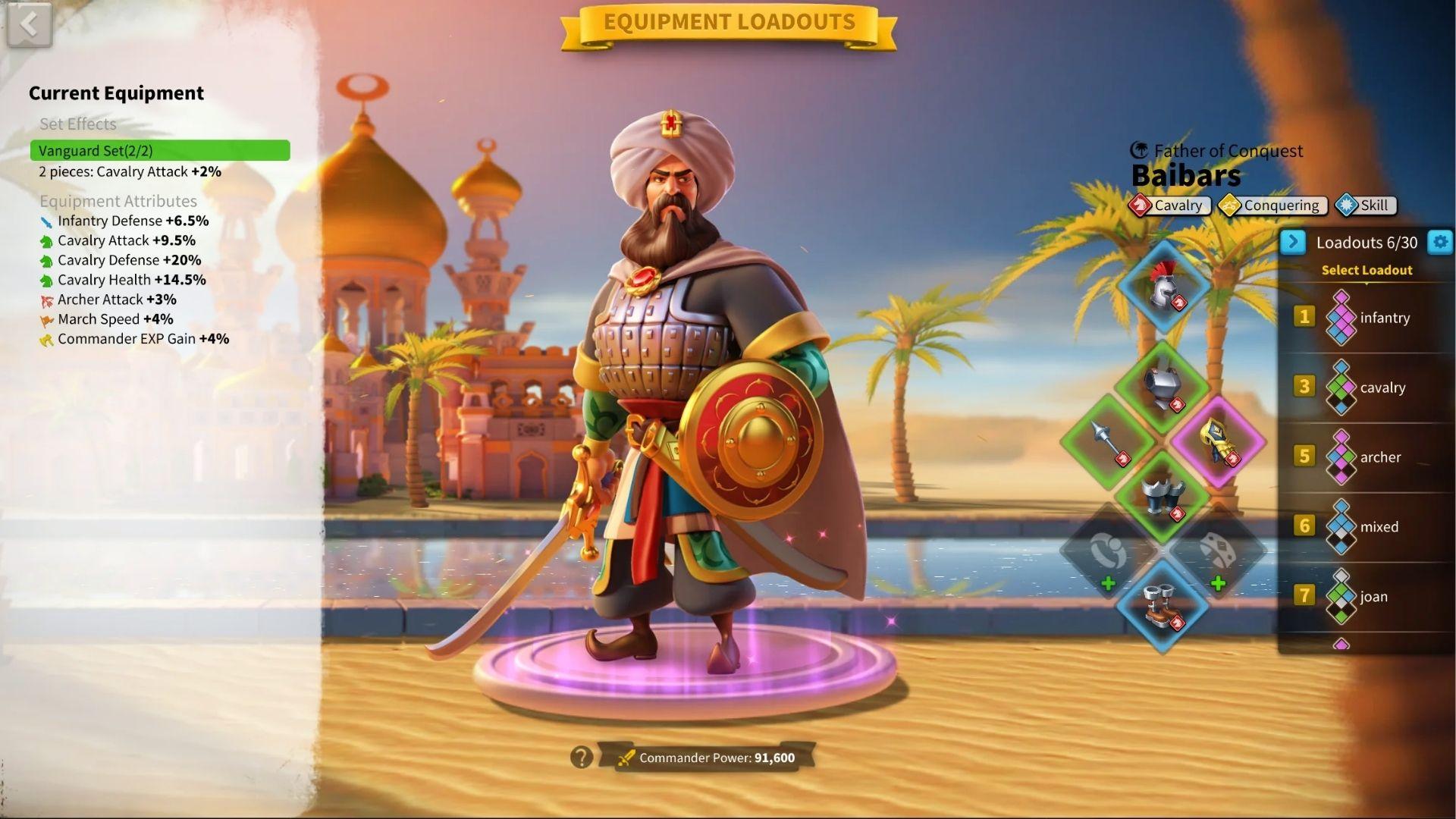 Rise of Kingdoms Baibars commander equipment loadout showing cavalry gear, stats, and desert city background