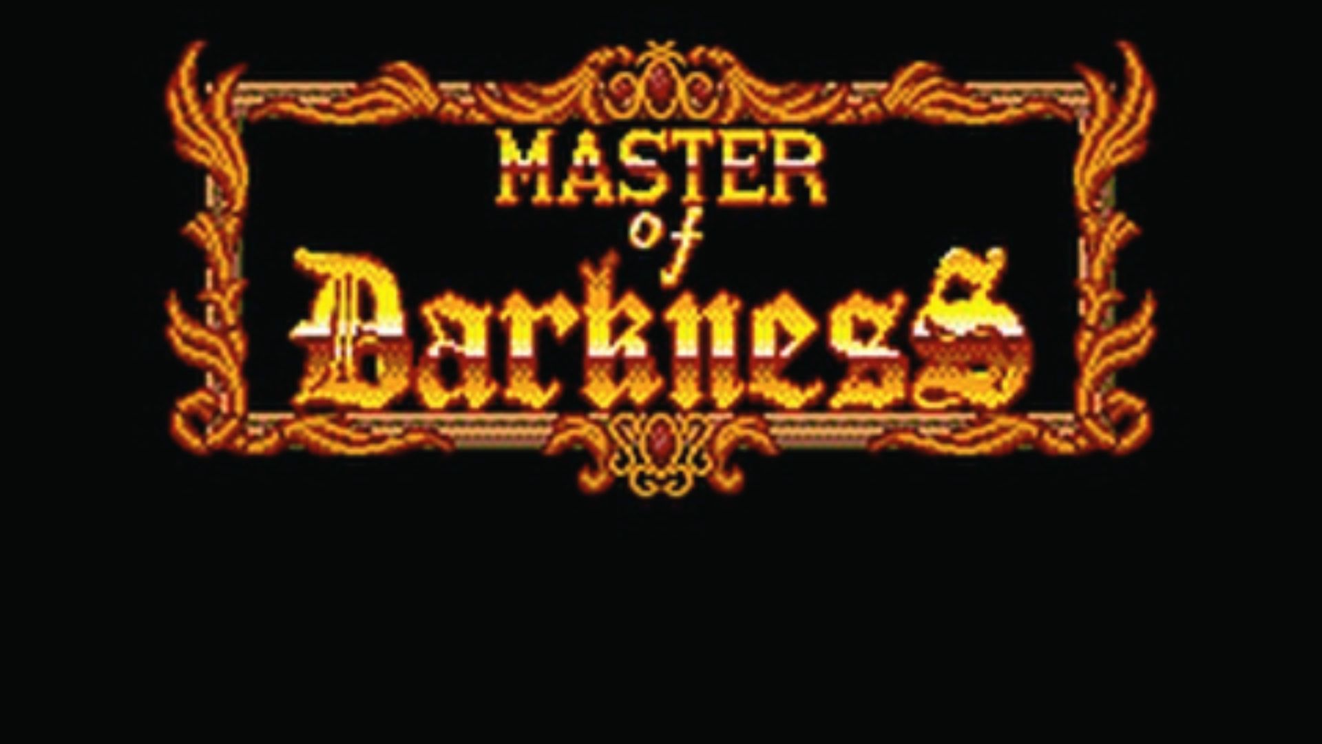 Ornate gold Master of Darkness logo on black, gothic Master System platformer title screen design