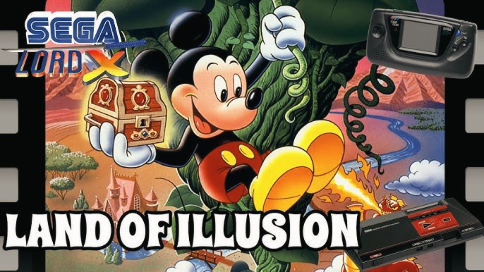 Mickey holds treasure chest on beanstalk, Land of Illusion Master System and Game Gear adventure