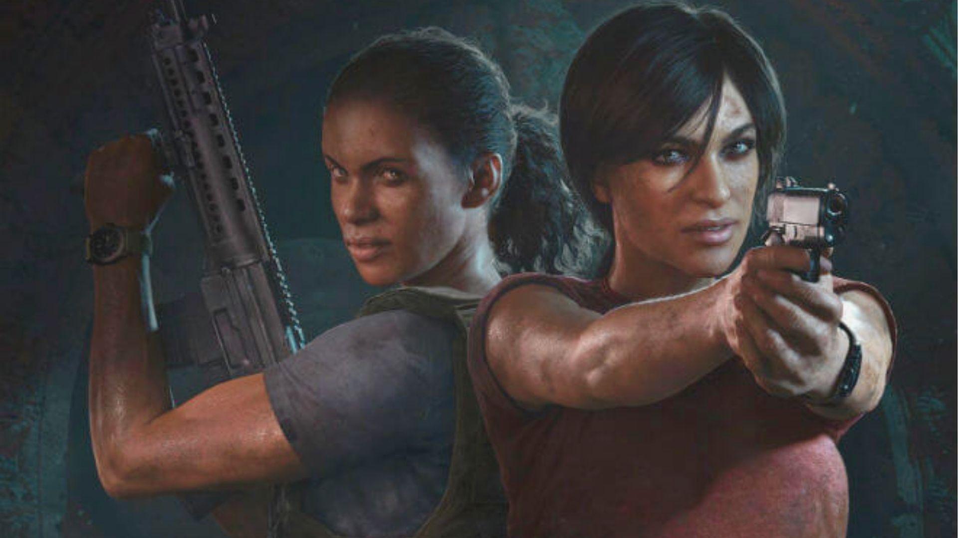 Nadine Ross and Chloe Frazer back-to-back, weapons raised, ready for action in Uncharted: The Lost Legacy.