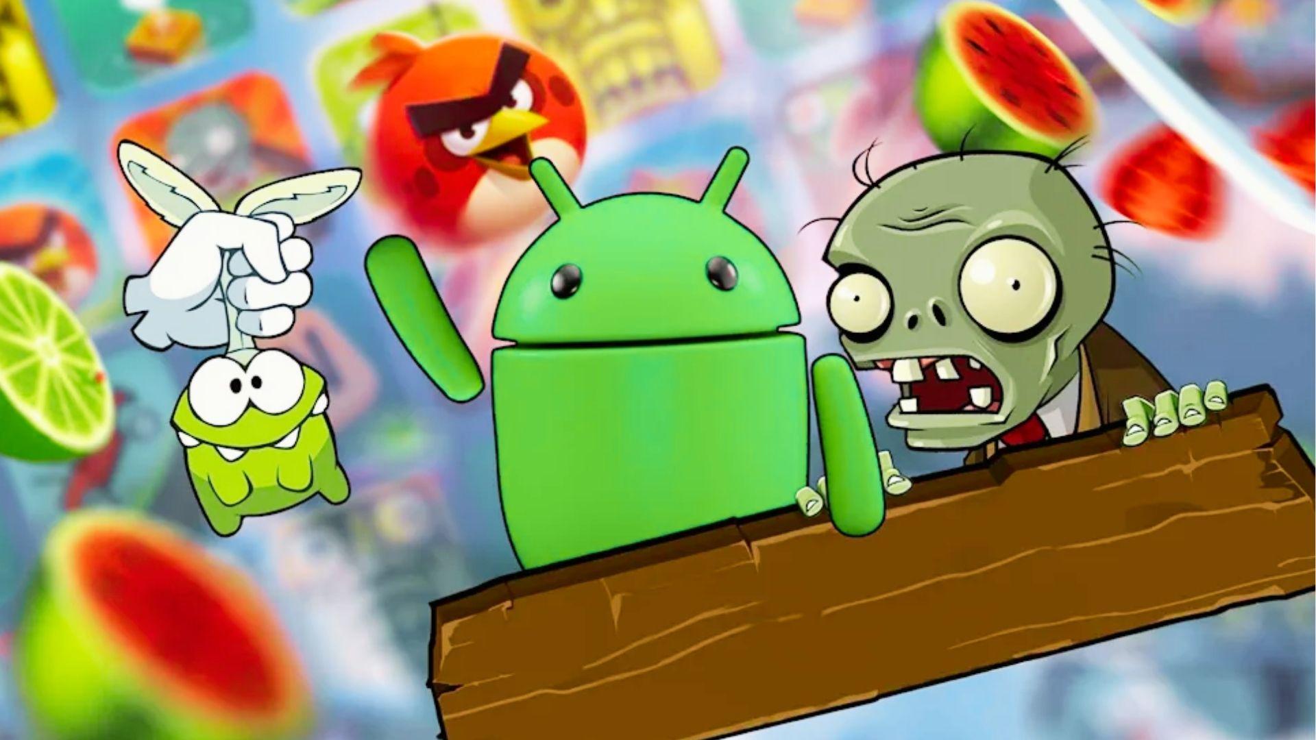 Android mascot, Plants vs Zombies zombie, Angry Bird, Cut the Rope Om Nom with sliced fruit, colorful mobile game background