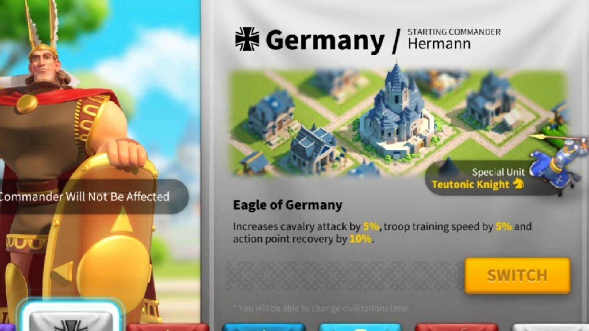 Rise of Kingdoms Germany civilization showing Hermann commander, Teutonic Knight cavalry special unit, and Eagle of Germany attack bonuses