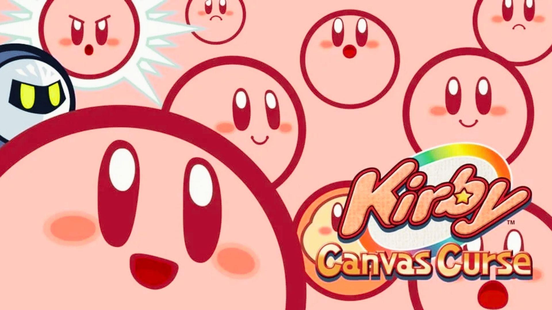 Kirby Canvas Curse art with smiling Kirby faces, Meta Knight, rainbow logo, pink background, stylus gameplay theme