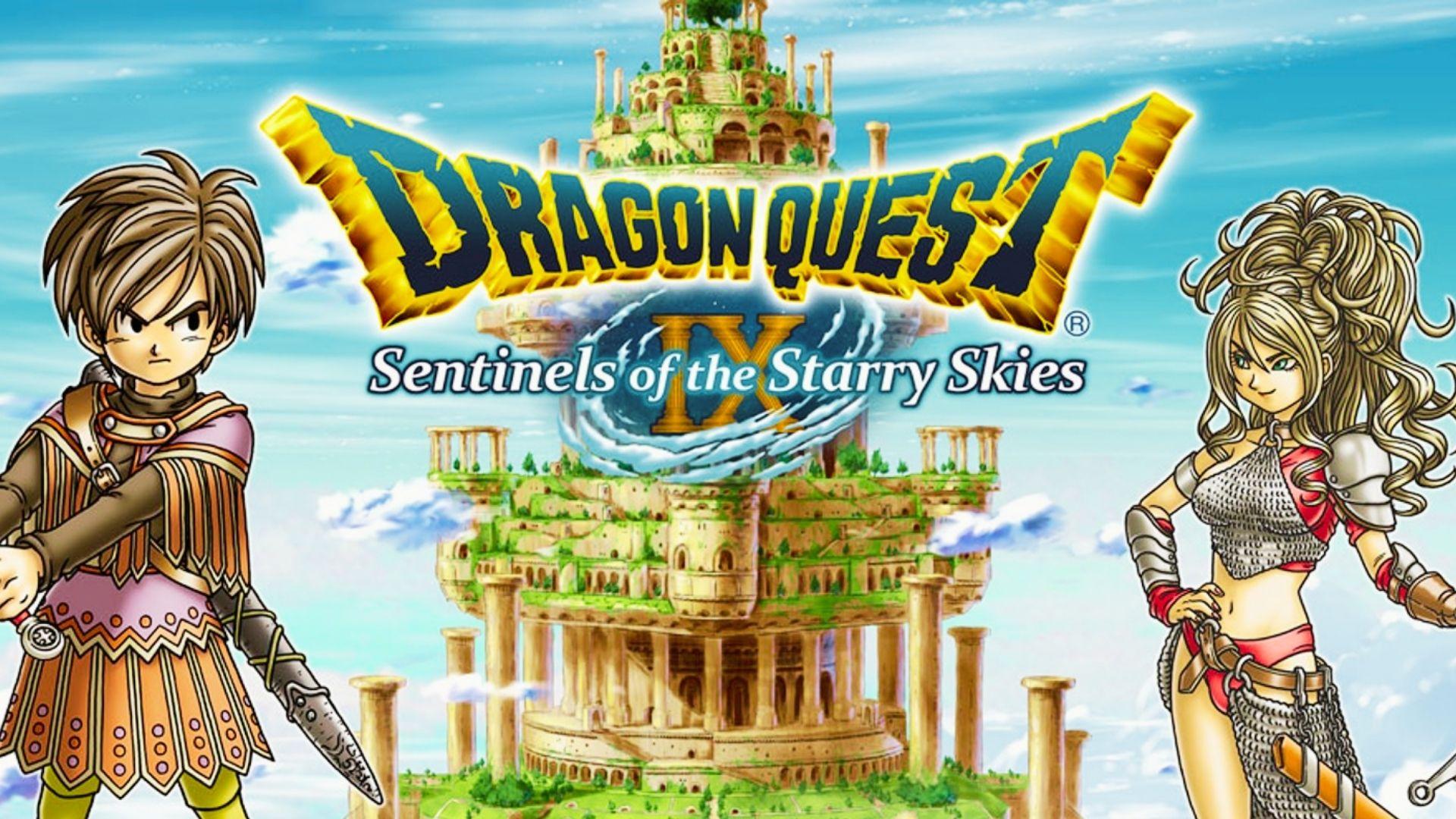 Dragon Quest IX Sentinels of the Starry Skies key art with hero, heroine, floating castle, blue sky, golden logo