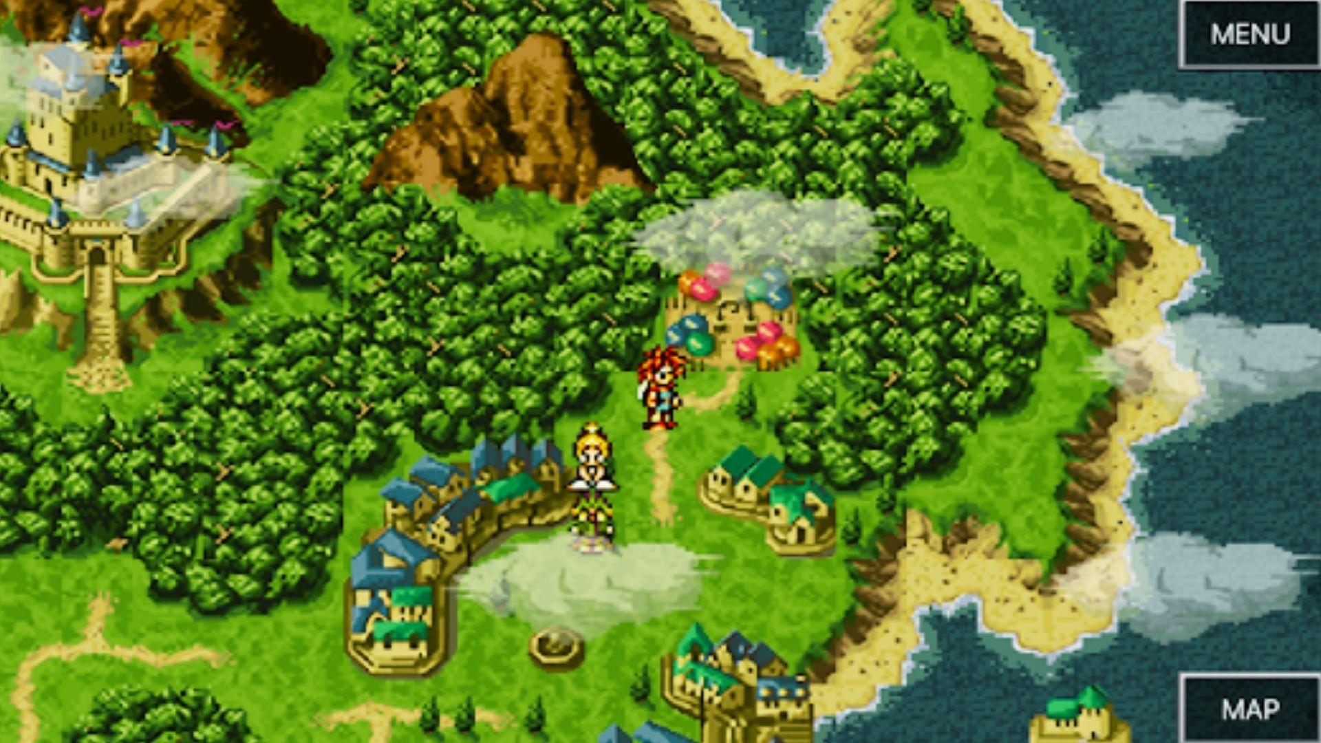 Chrono Trigger overworld map screenshot with castle, forests, mountains, ocean, characters Crono and Marle, MENU and MAP buttons