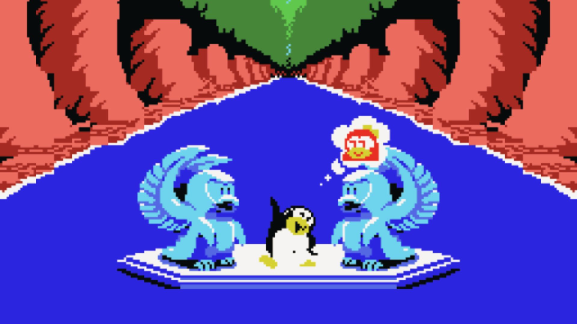 Penguin sits between ice griffins on platform, Penguin Land Master System puzzle level win screen