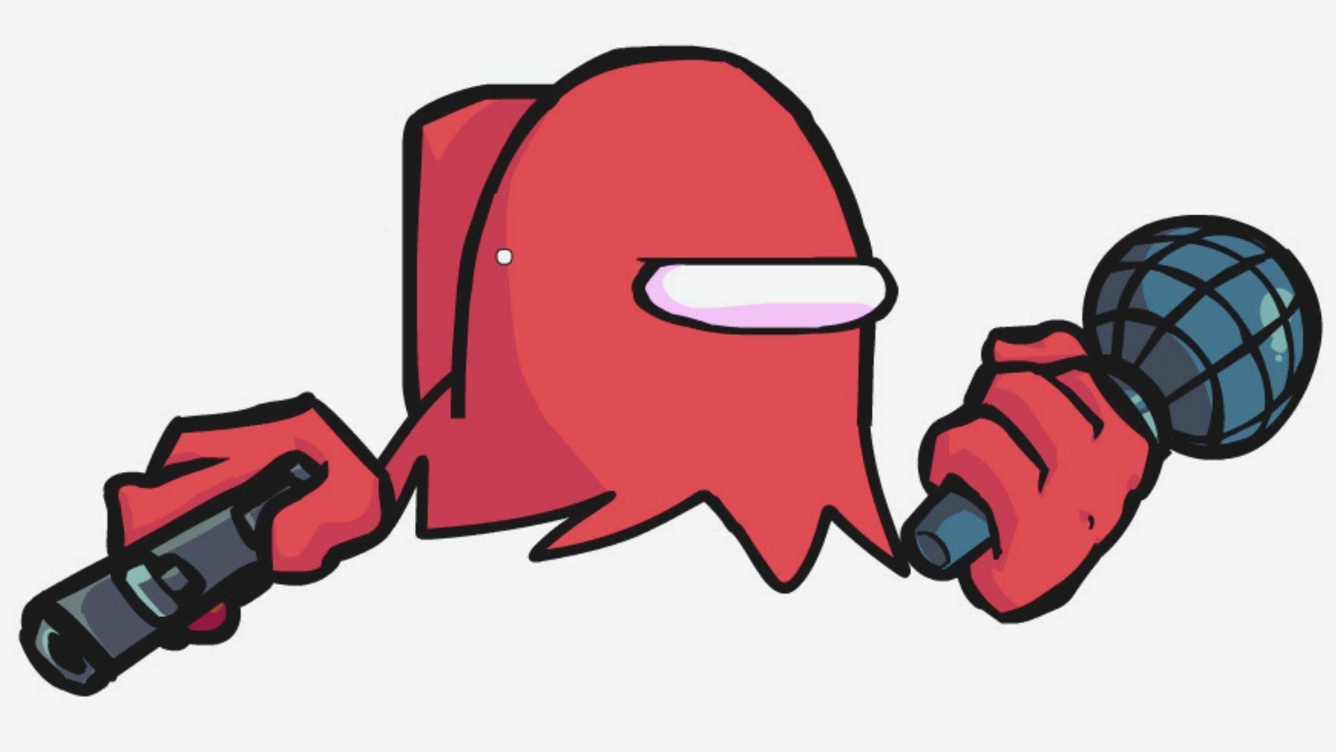 Red Among Us crewmate holds a microphone in one hand and a gun in the other, drawn in FNF style.