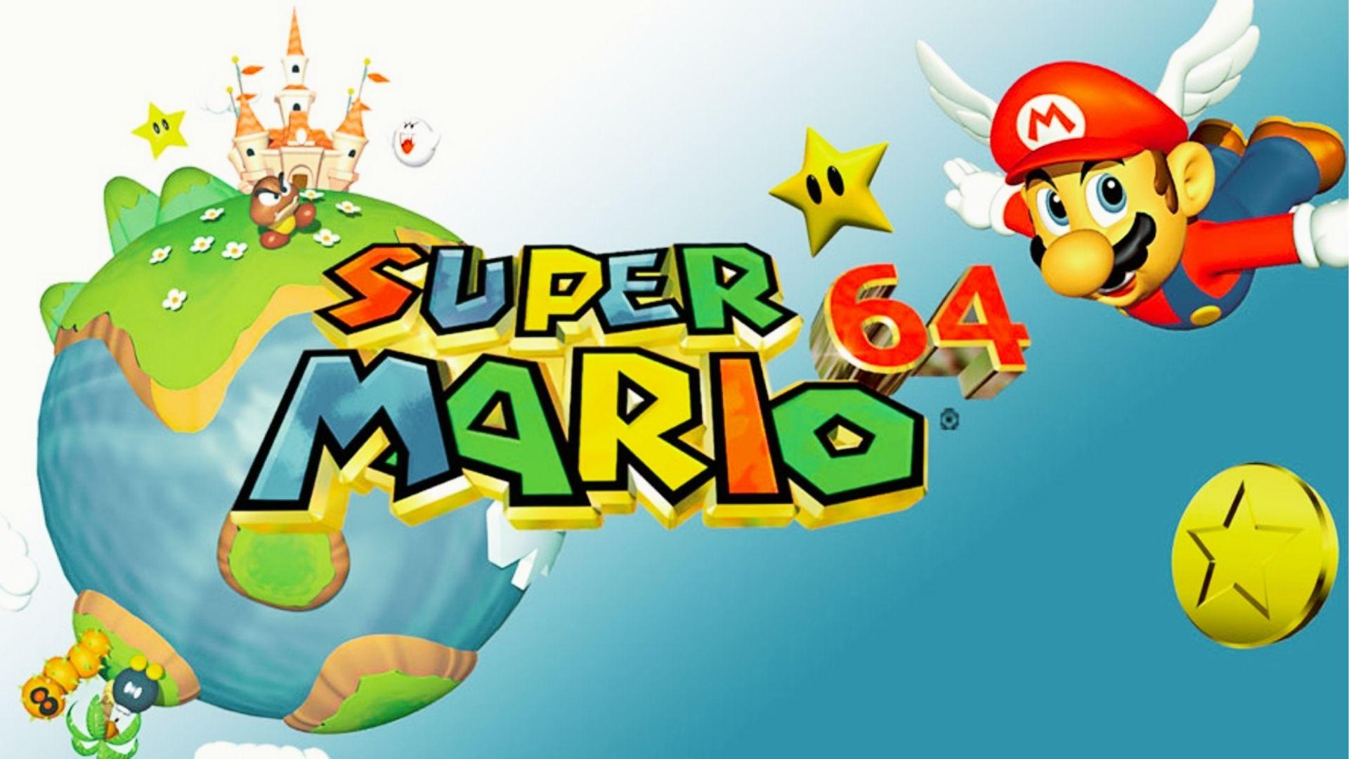 Super Mario 64 key art with colorful logo, winged Mario, Peach’s Castle, Boo, Goomba, Bob-omb, and gold star coin